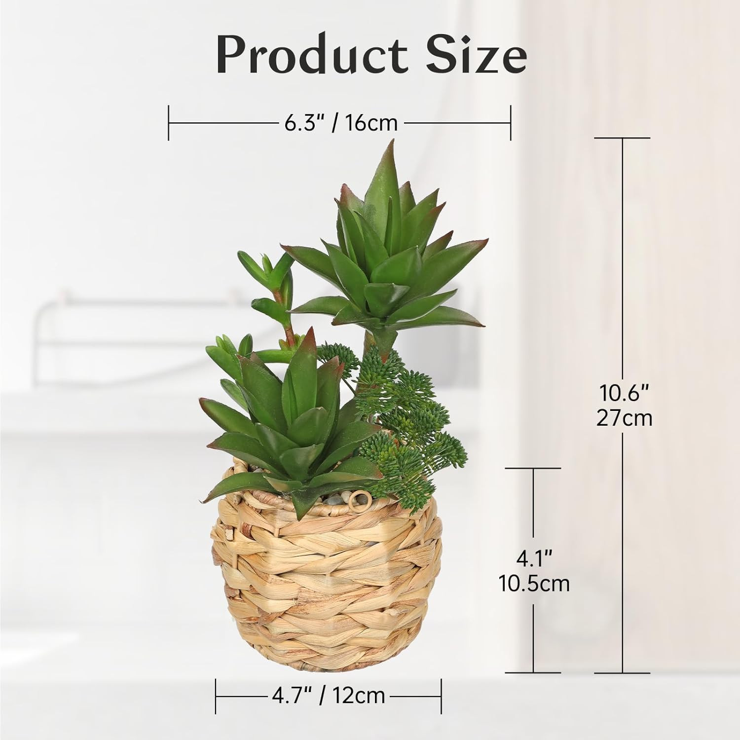 10″ Large Succulents Plants Artificial in Wooden Pots, Fake Succulents in Woven