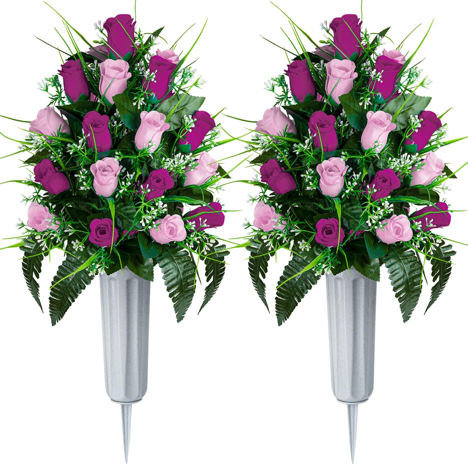 Artificial Cemetery Flowers – Set of 2 Grave Memorial Rose Flowers with Vase