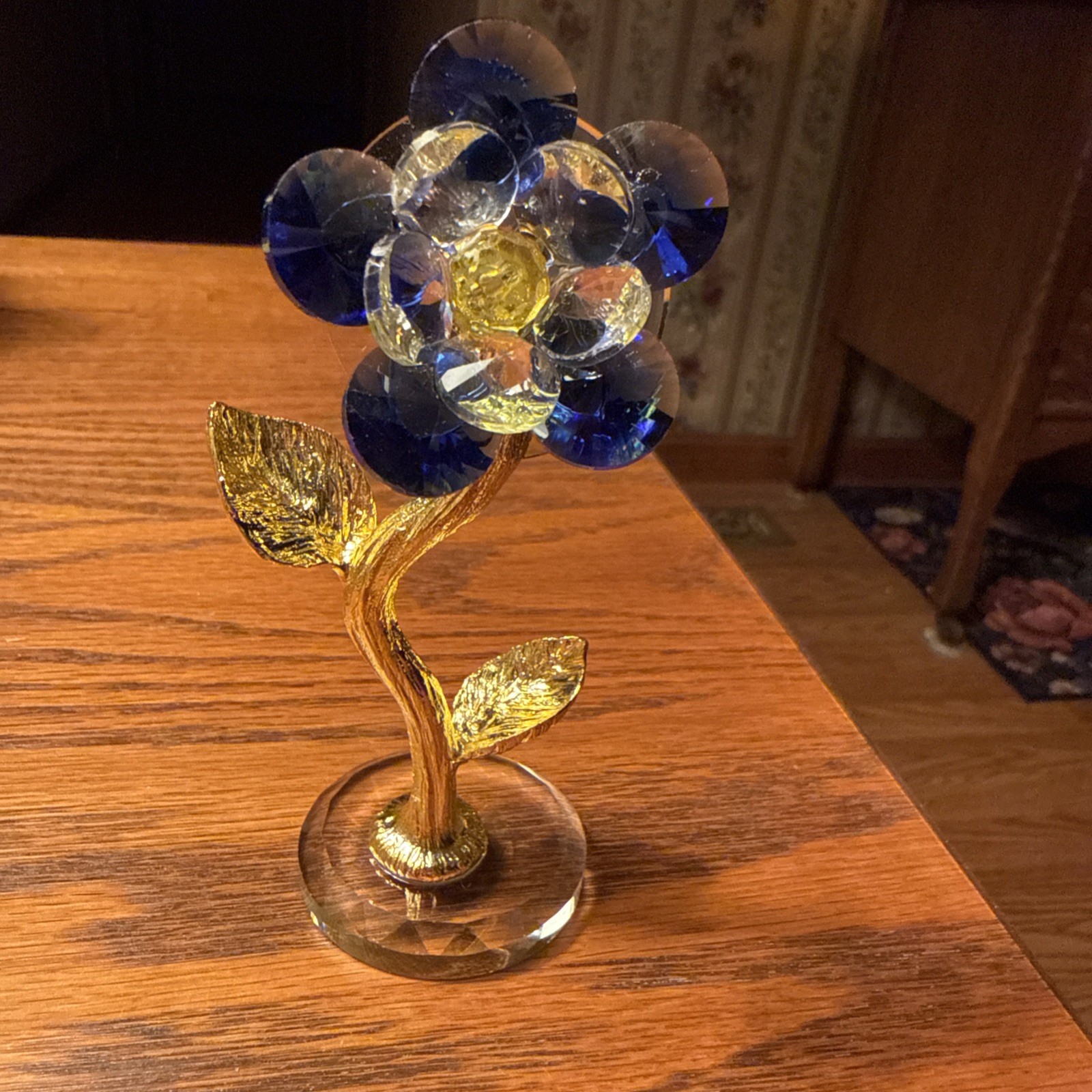 Unique Blue Crystal Plum Blossom Flower With Gold Leaves Figurine