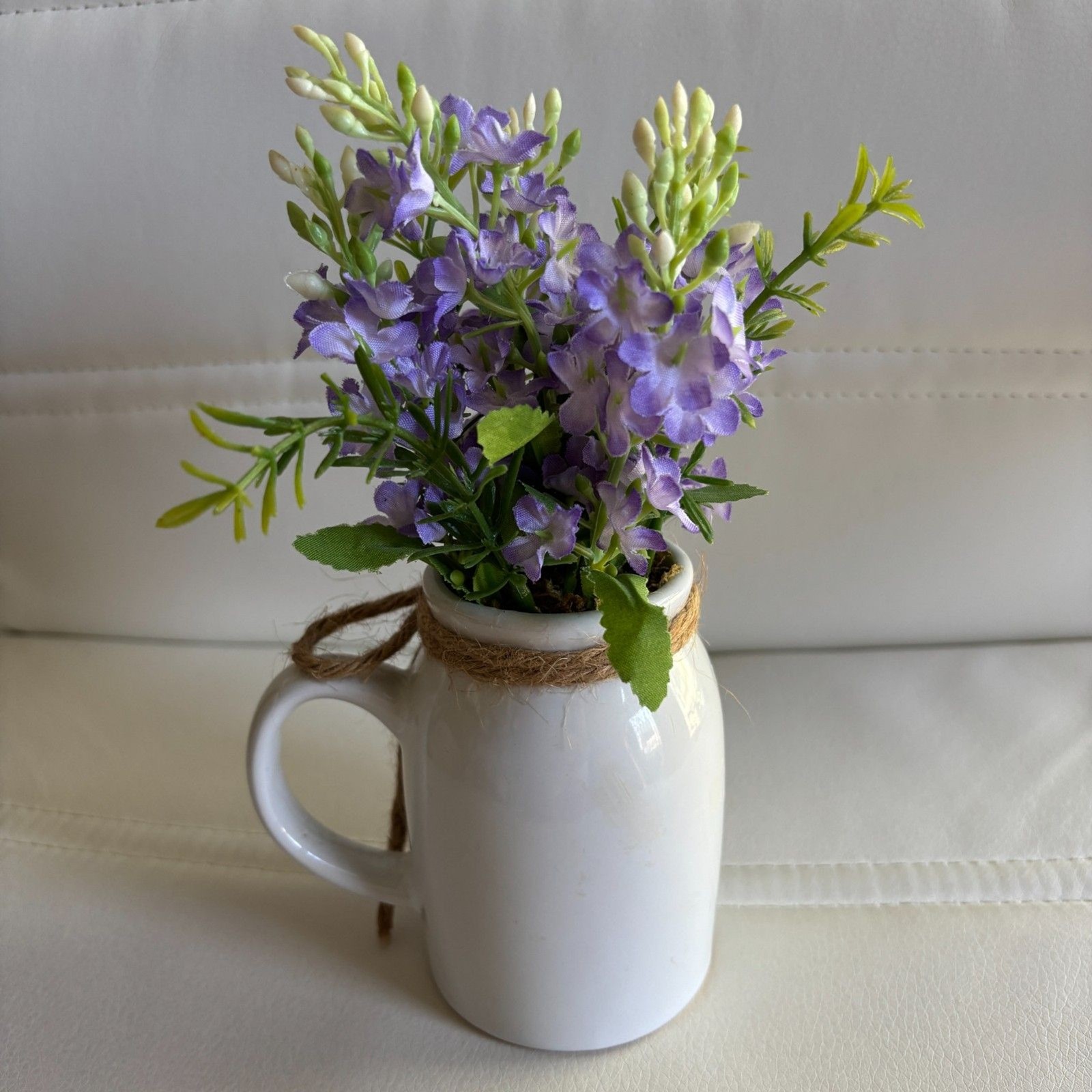 Real Living Lavender Floral Home Decor White Ceramic Mug Vase 8″ Faux Flowers