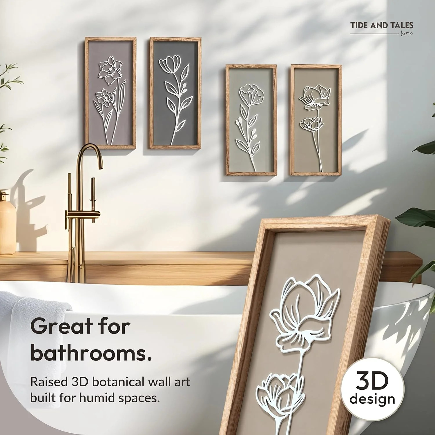 Elegant 3D Wooden Wall Decor – Botanical Bathroom & Living Room Set