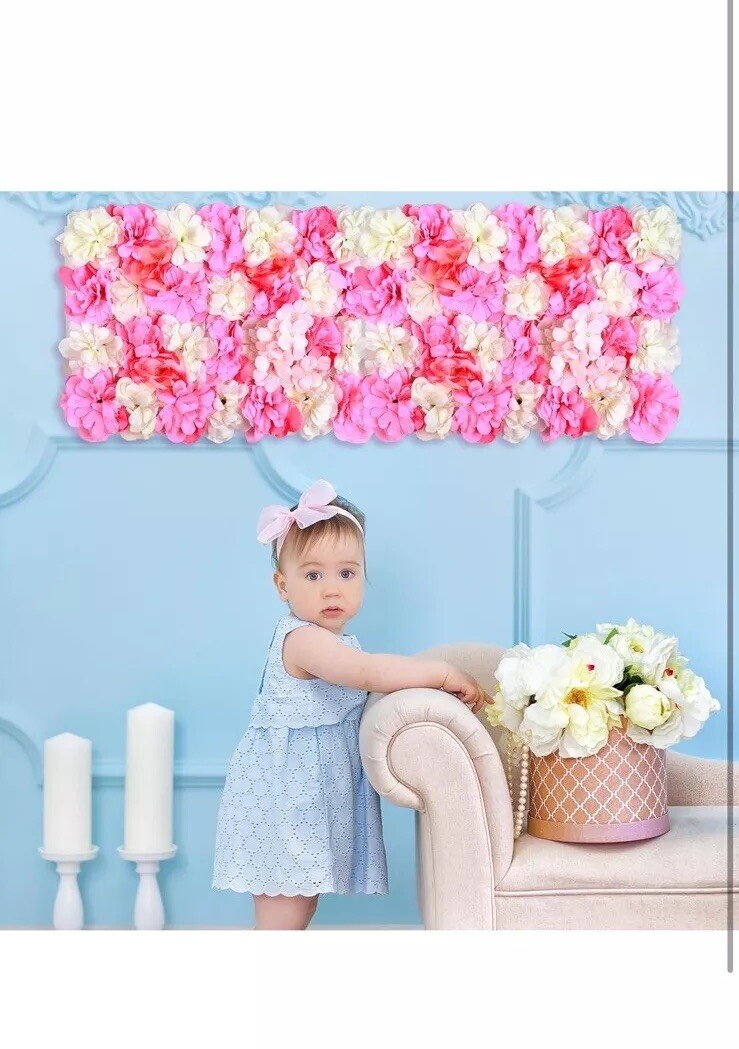 Omldggr 4 Pack 12×16” White & Pink Silk Artificial Flower Wall, Pink Faux Rose