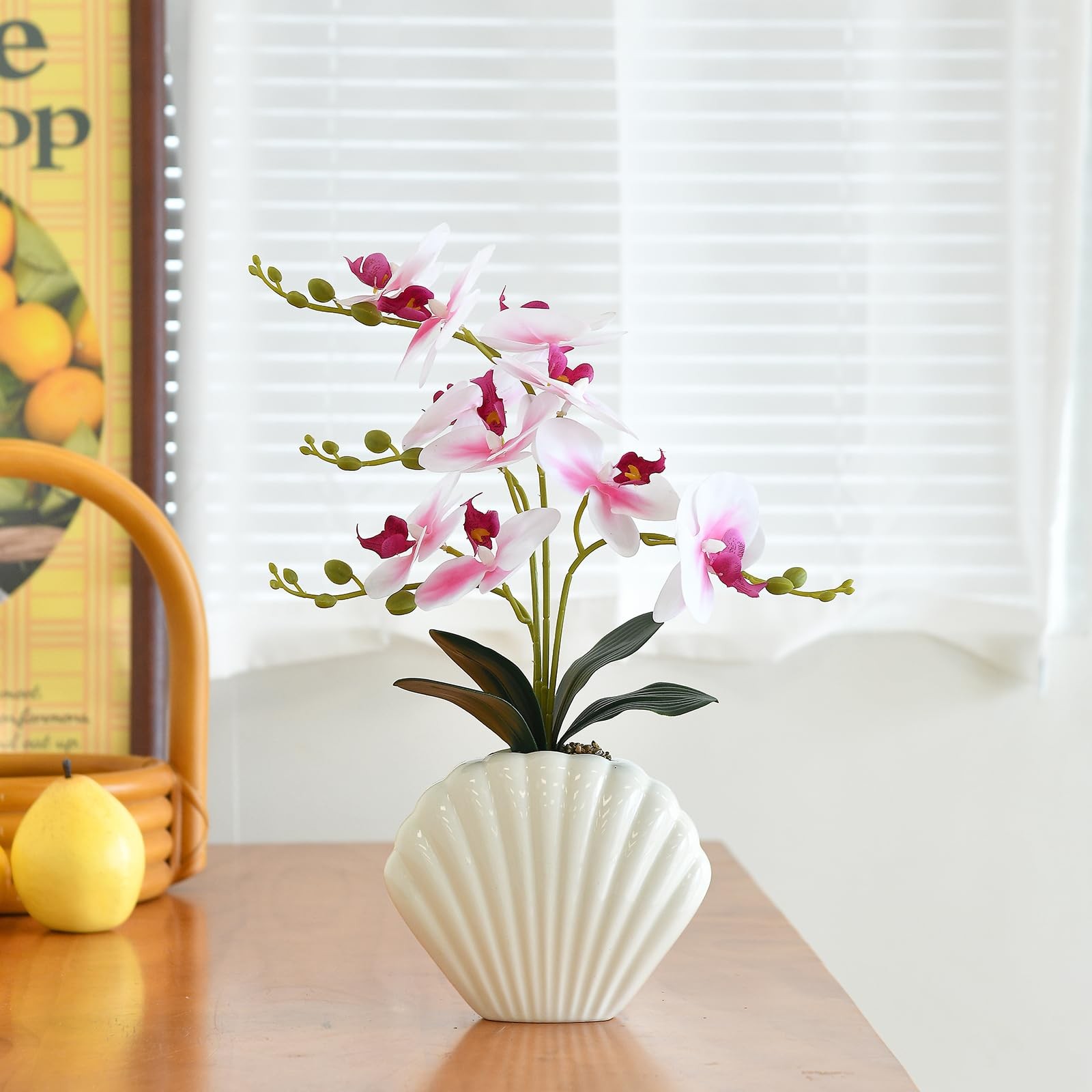 16 Inch Artificial Phalaenopsis Silk Orchid Plant Seashell Pot White Pink