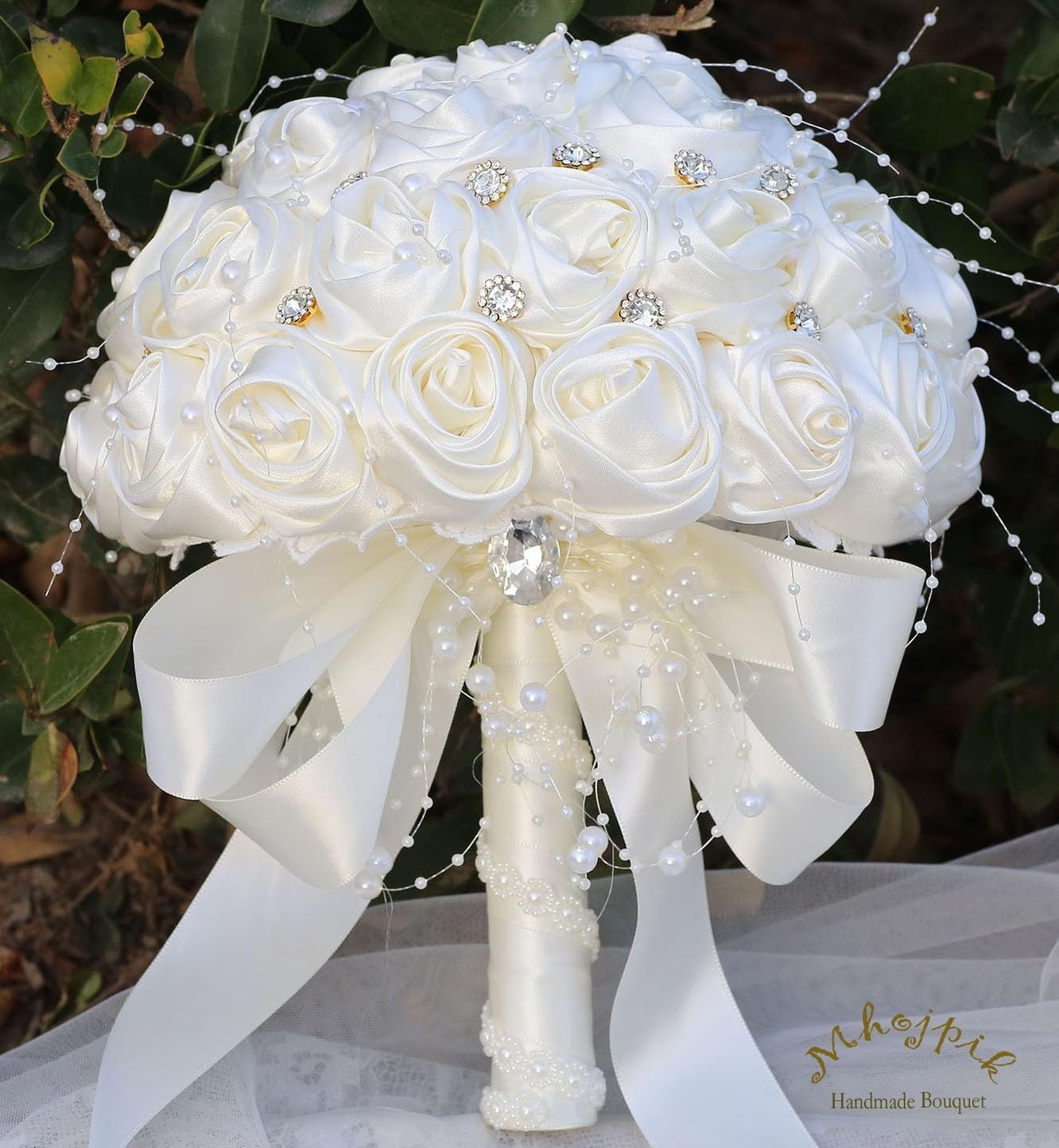 Ivory Bridal Wedding Bouquet Round Brooch Bling Artificial Rose Throw Toss Mat