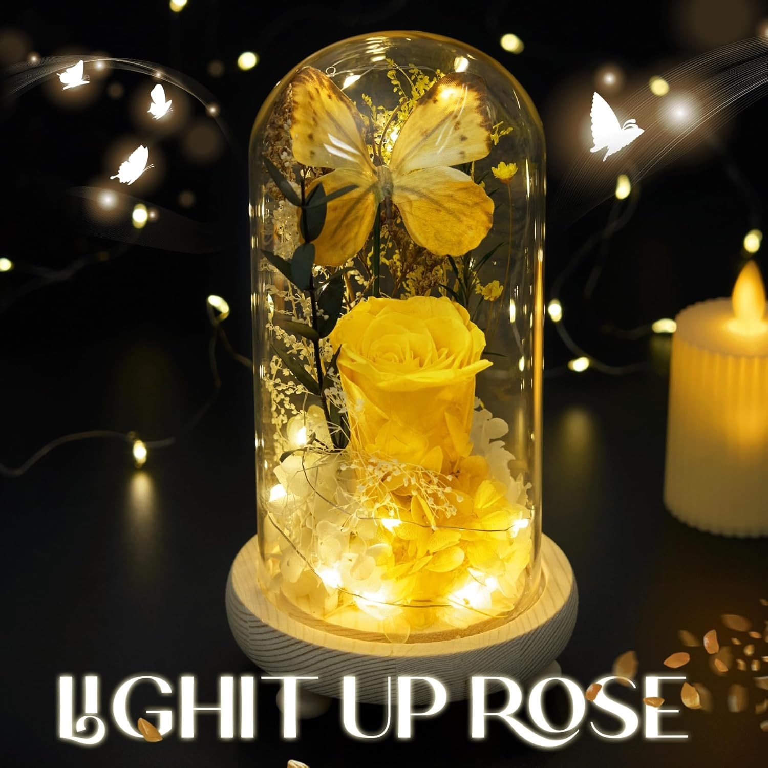 Preserved Yellow Roses in Glass Dome – Perfect Gift for Her on Any Occasion