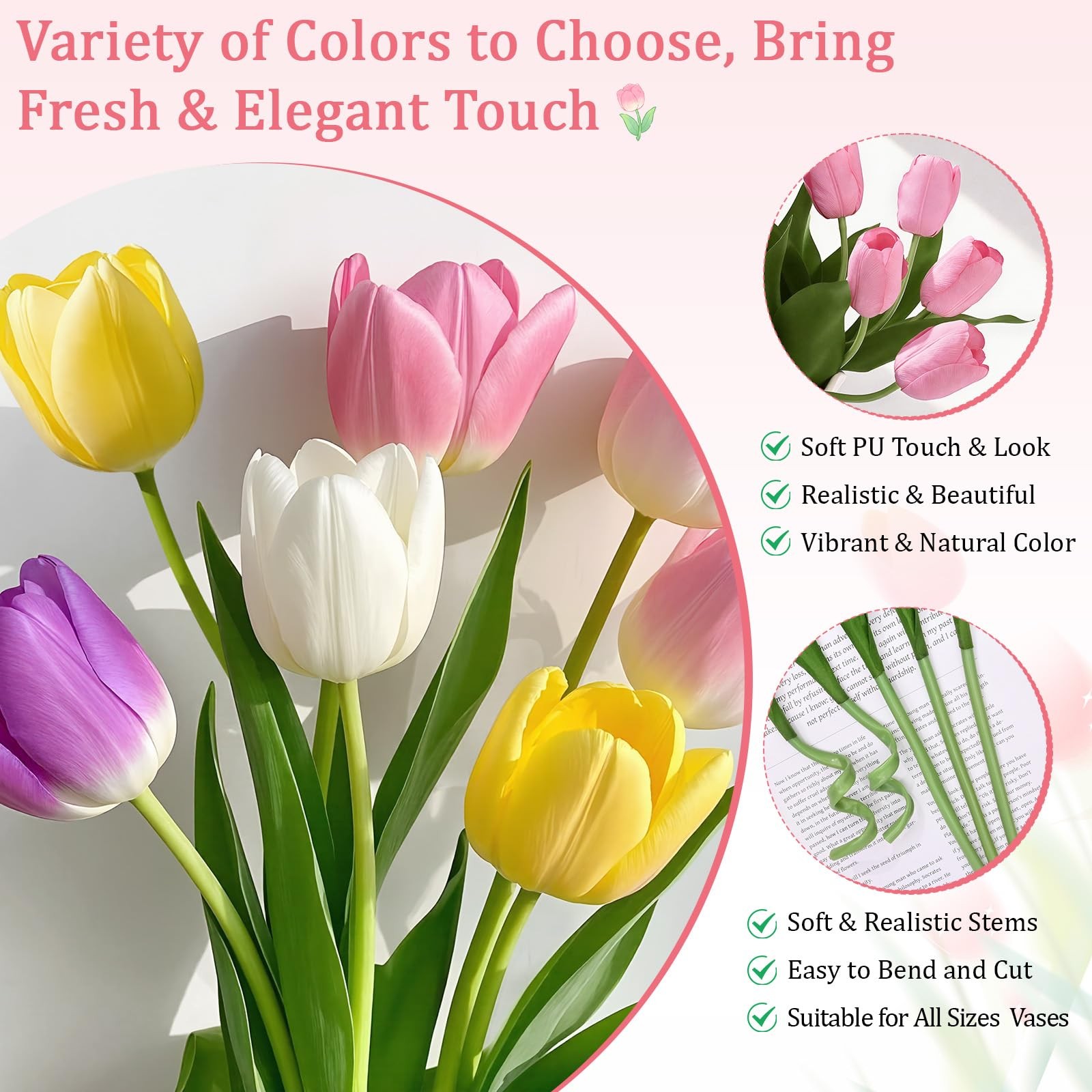 12 PCS Pink Tulips Artificial Flowers Real Touch Fake Bouquet 14″ Decor