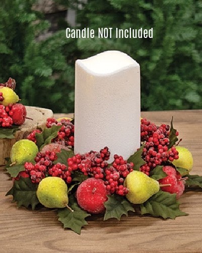 New Farmhouse Primitive Christmas SUGARED FRUIT PILLAR CANDLE HOLDER Holly Ring