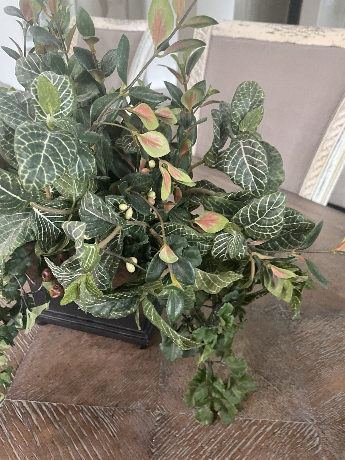 Faux Greenery & Berry Floral Arrangement Sm Resin Footed Container