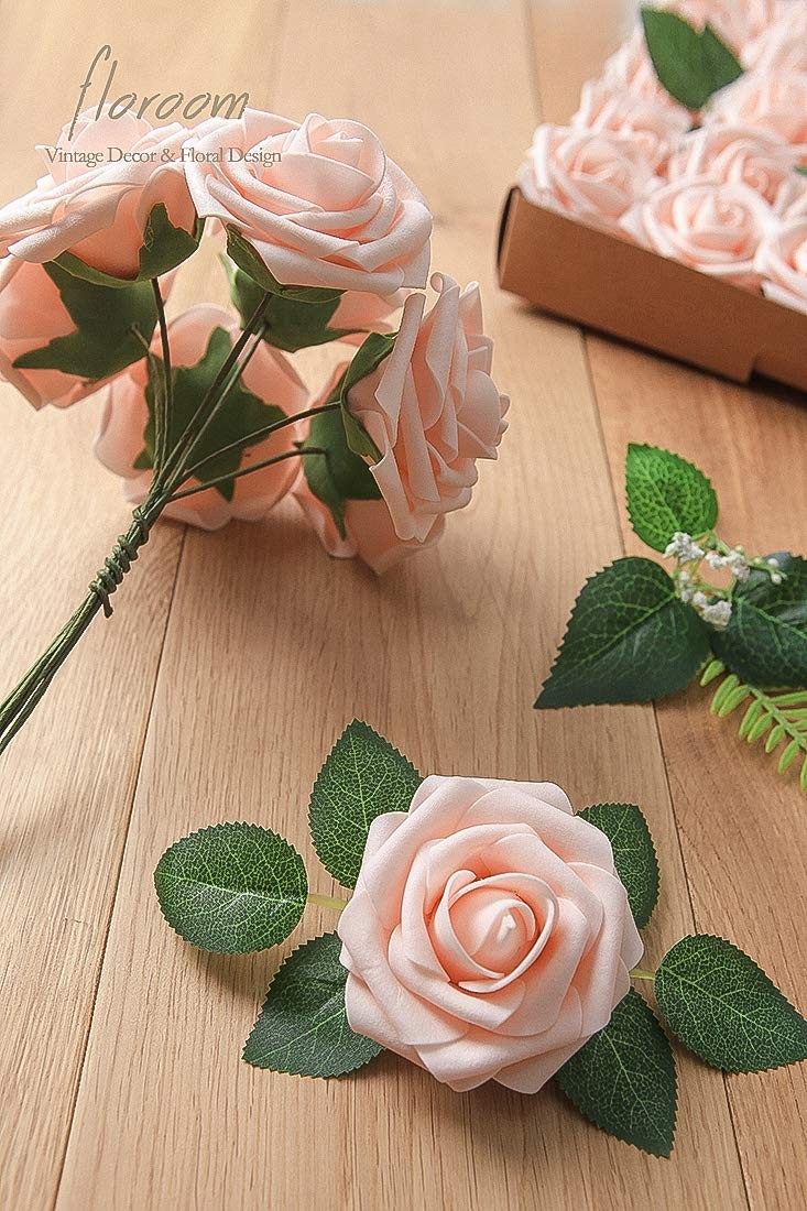 Artificial Flowers 25pcs Blush Foam Fake Roses with Stems for DIY Wedding