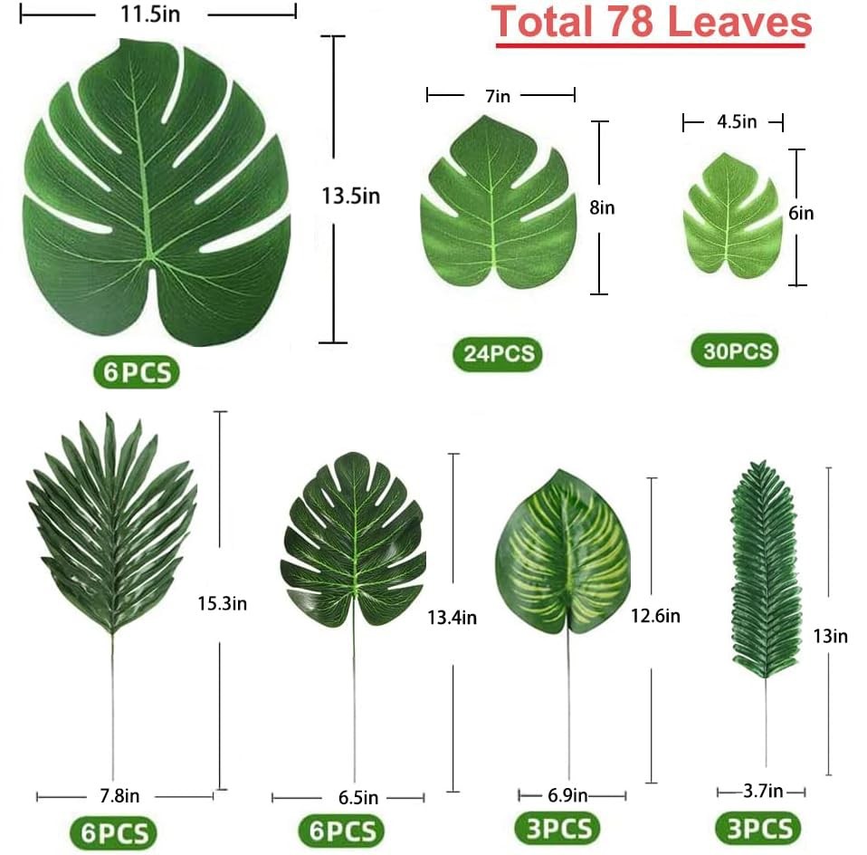78 Pieces 7 Kinds Artificial Tropical Leaf Jungle Leaves Plant Safari Leaves …