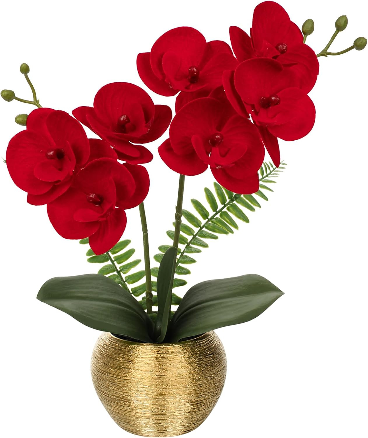 Artificial Orchid Flowers in Gold Ceramic Pot, 13″ Small White Faux Phalaenopsis