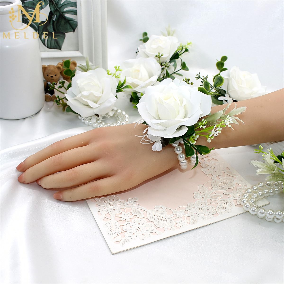 2 PCS White Rose Wrist Corsage Artificial Silk Flower Wedding Bridal Prom Pro