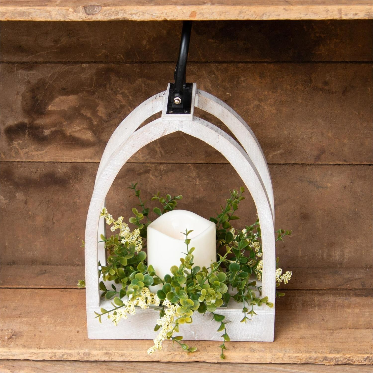 Arched Candle Lantern with greens and built in Timer