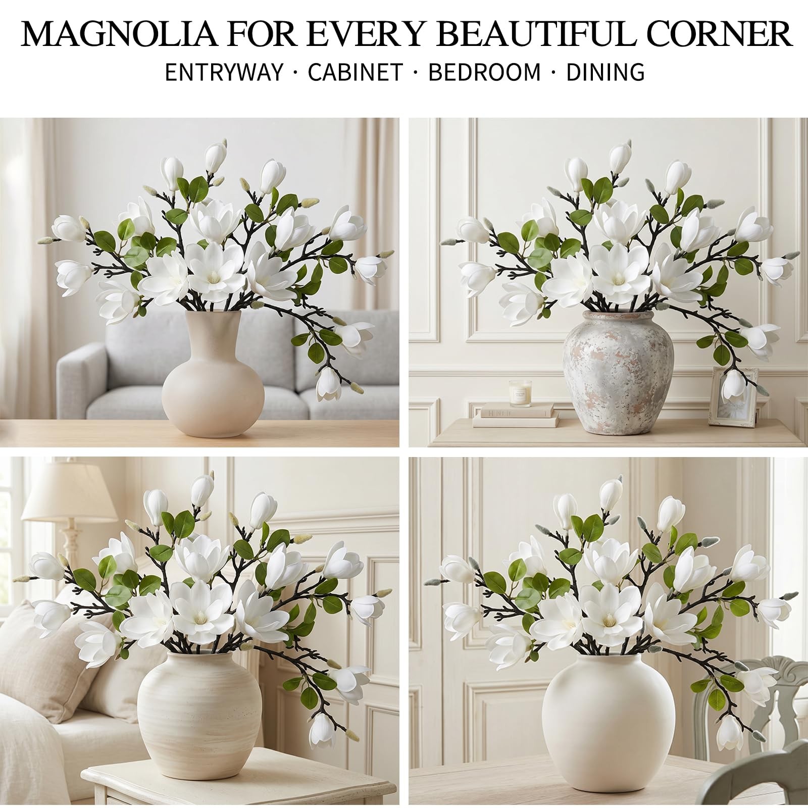 Set of 4 Artificial Magnolia Flowers, 25 Inch White Fake Flowers Branches | R…