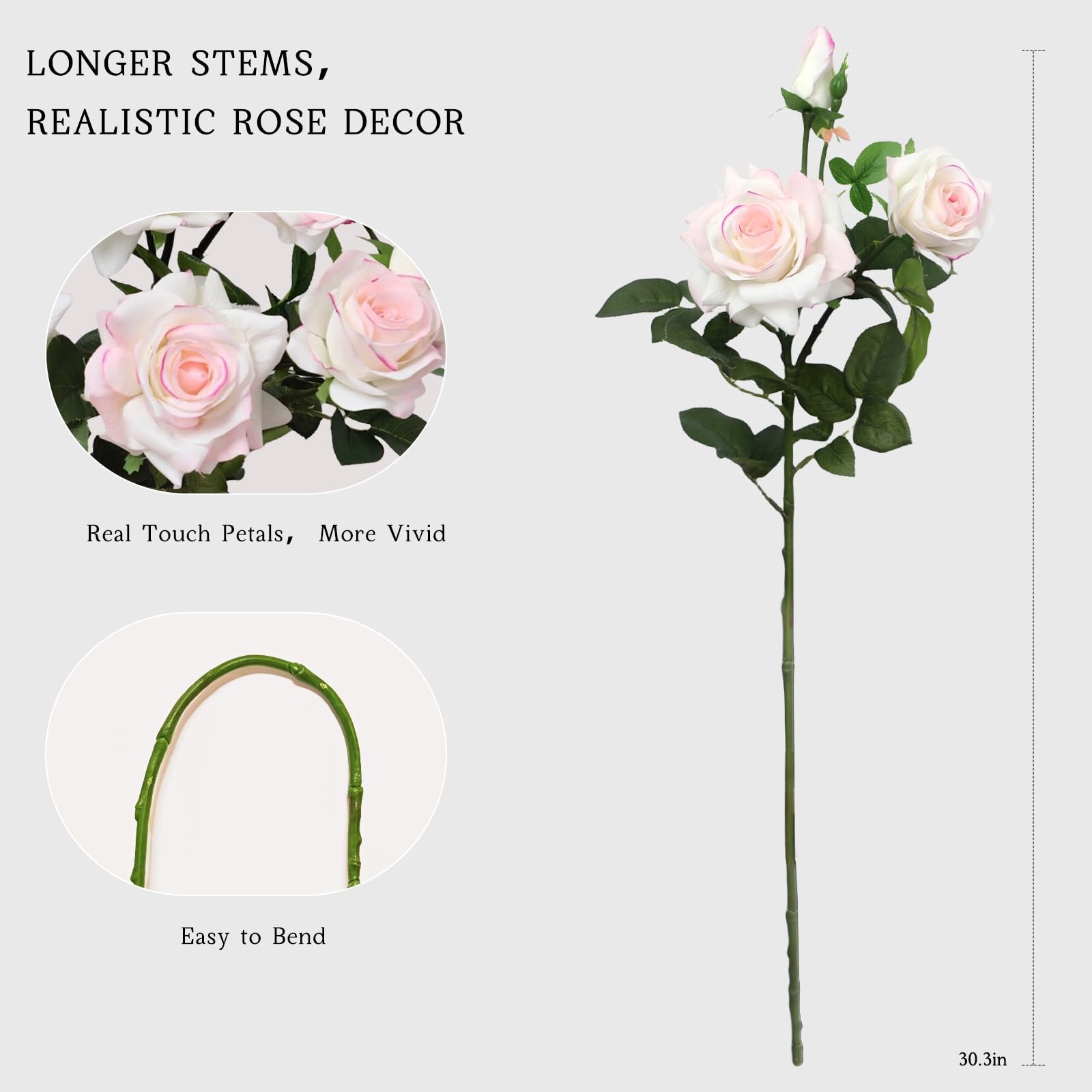 KBREE 30” Real Touch Roses, Pink White Artificial Flowers, 3Pcs Pink Roses wi…