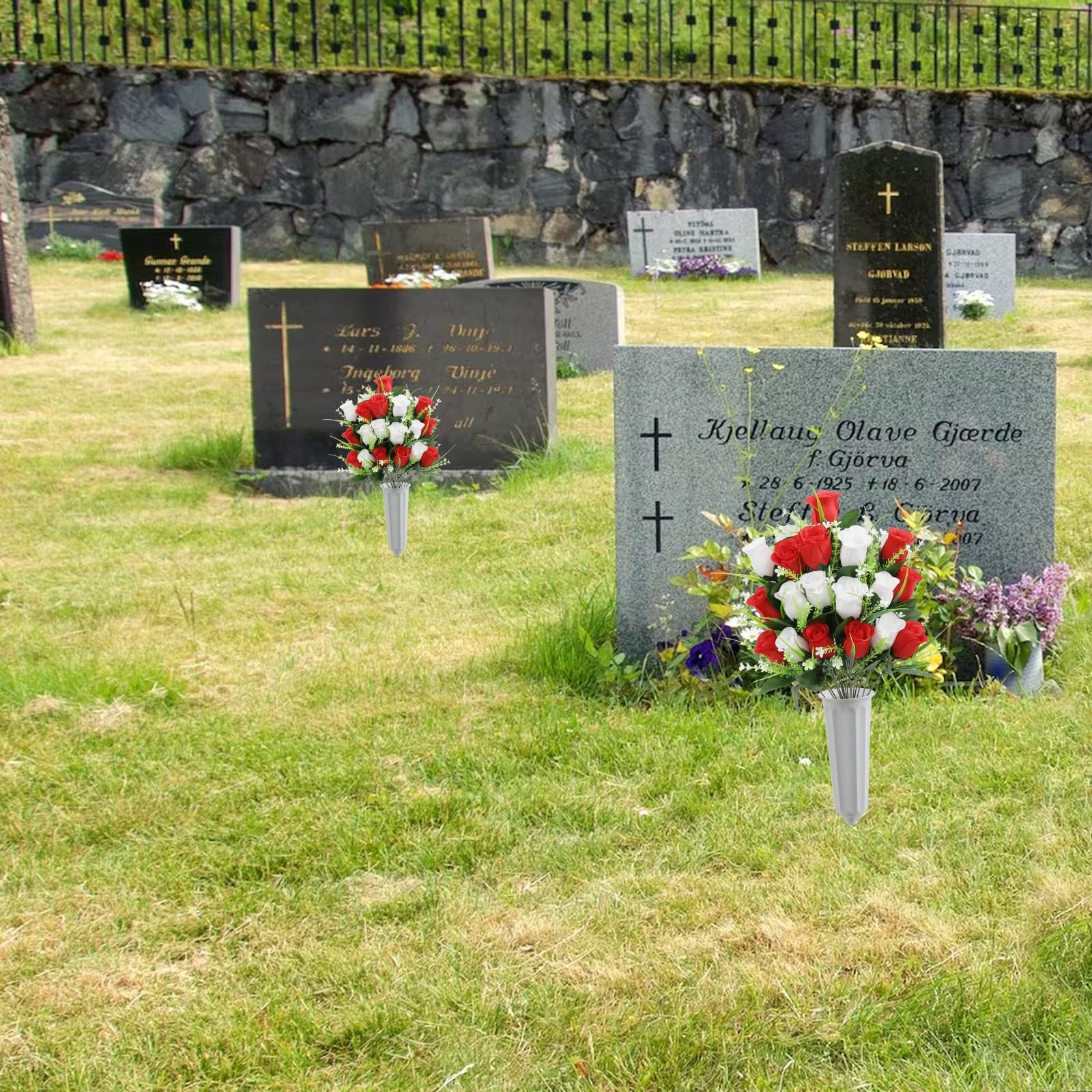 2Pcs Artificial Cemetery Flowers for Grave Silk Memorial Rose Flowers Outdoor…
