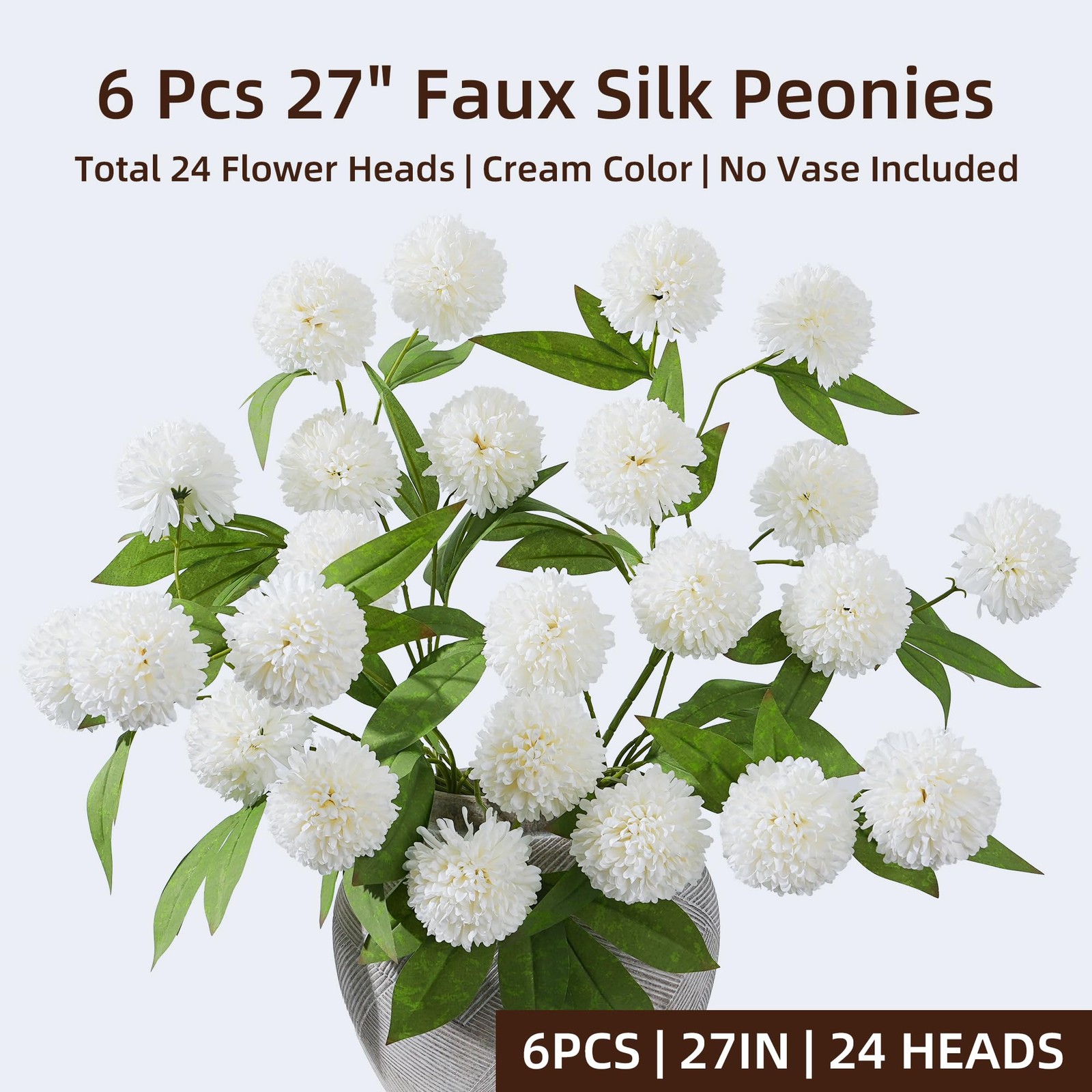 6 PCS 27 Inch Faux Silk Artificial Pompon Mum Flowers Branches Cream White