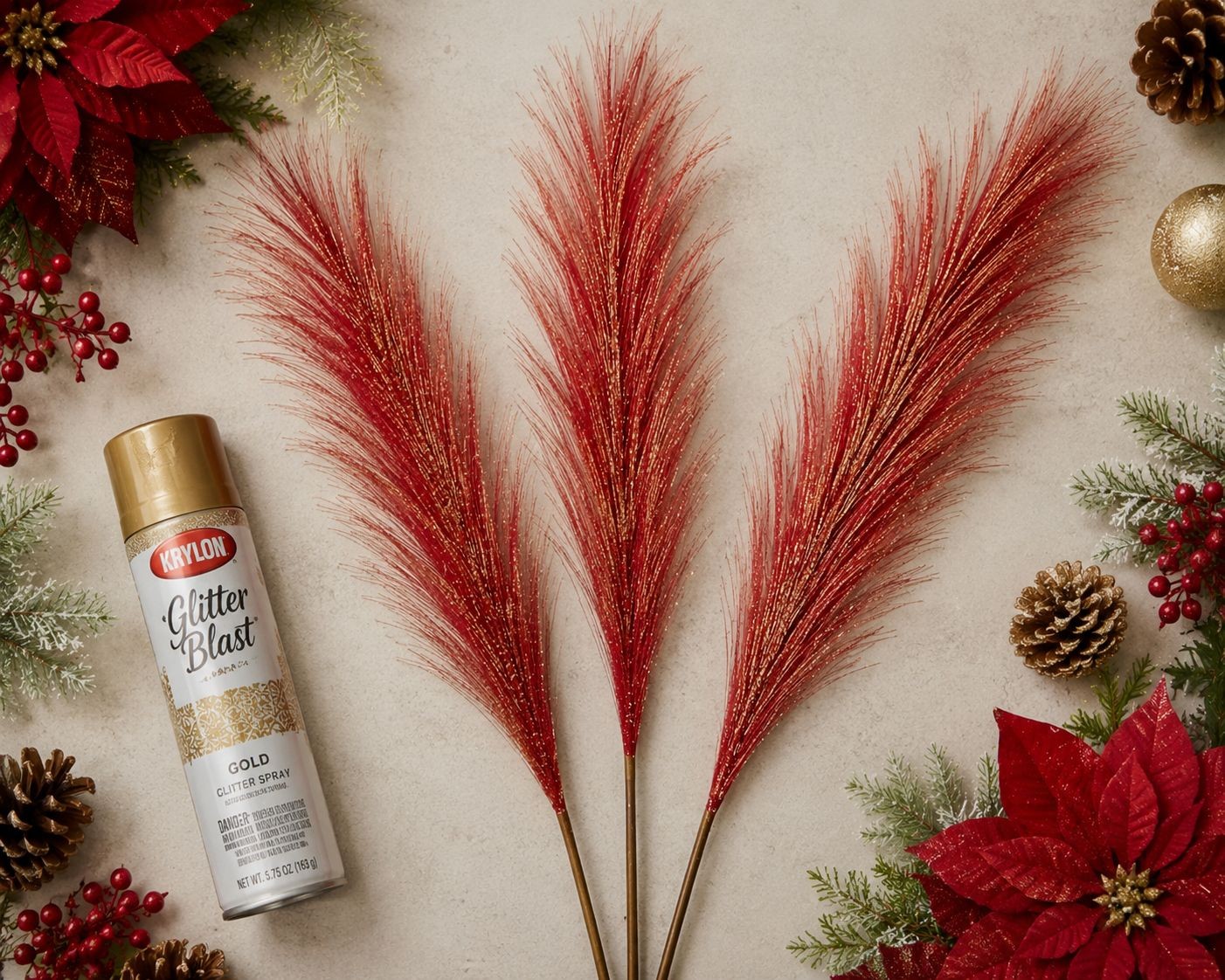 Red Artificial Pampas Grass Stems Set of 3, 20 Inch Faux Pampas Grass, Wispy Flo