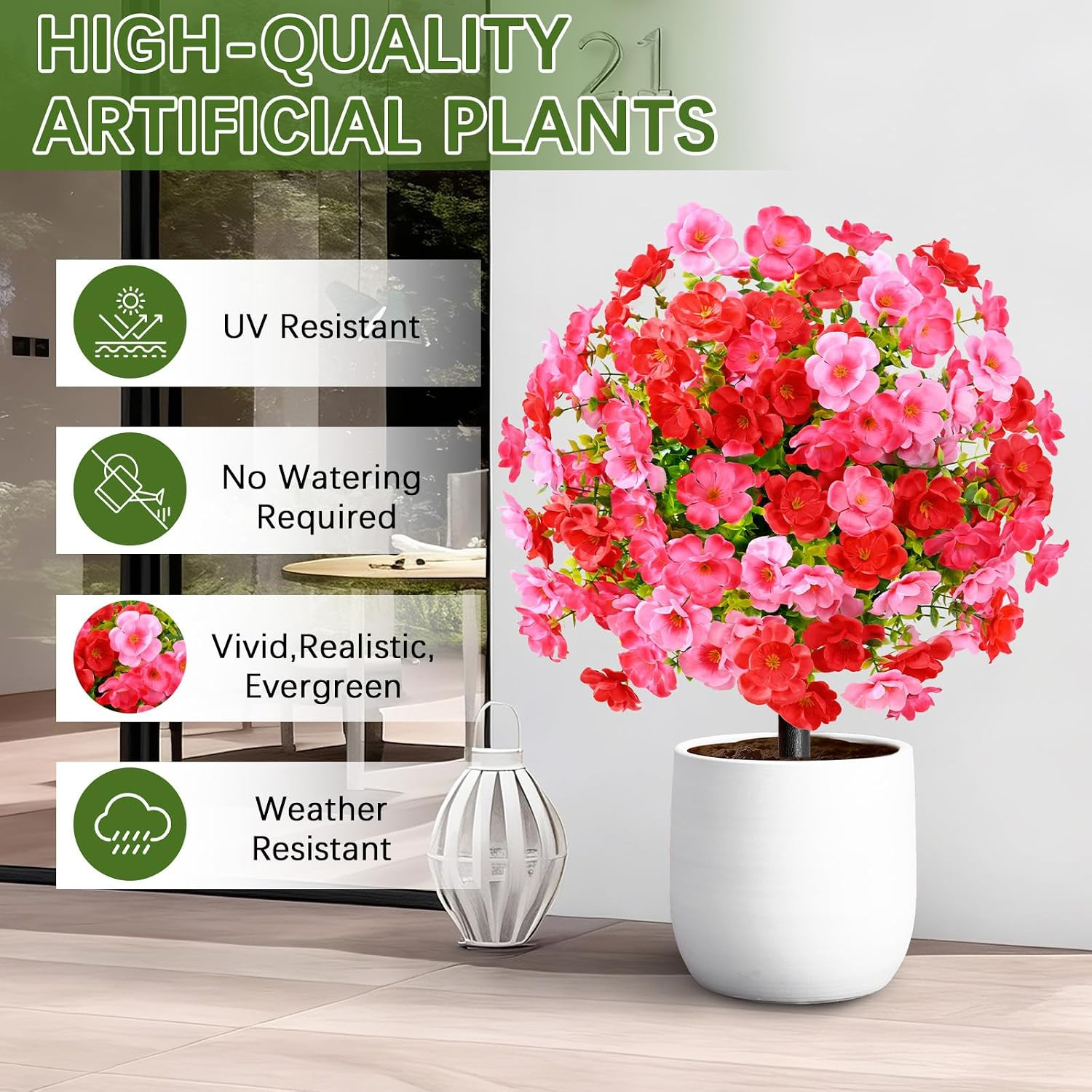 Set of 2 Artificial Boxwood Topiary with Colorful Flowers, 23″ UV Resistant Fake