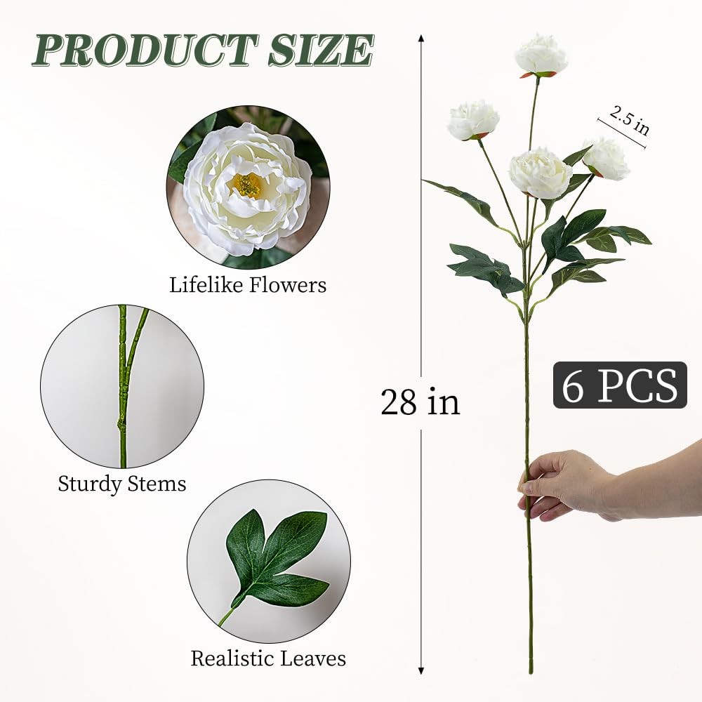 6 Pcs Faux Peony Artificial Flowers for Vases, 28″ Long Stem Fake Silk Peonie…