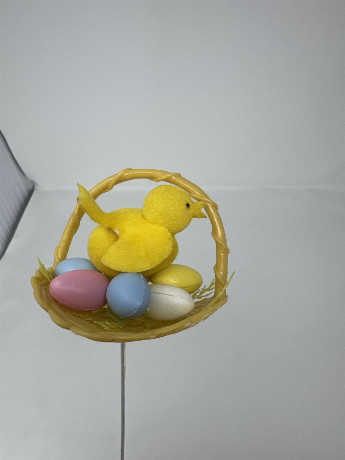 Vtg Easter Basket Chick Floral Pick Flocked Yellow Bird Plastic Eggs Spray 12″