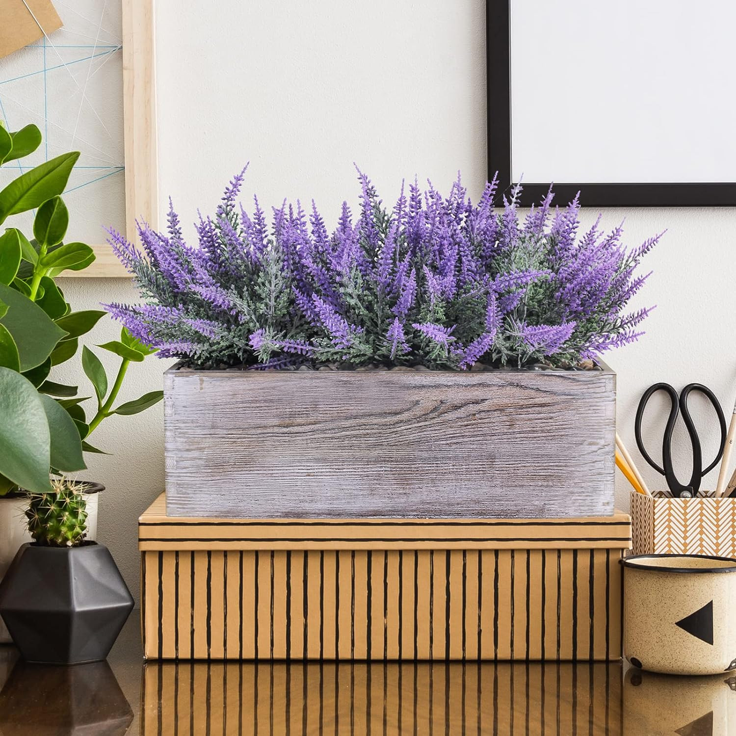 Fake Lavender Flower Arrangement in Rustic Rectangular Wood Planter Box Artifici