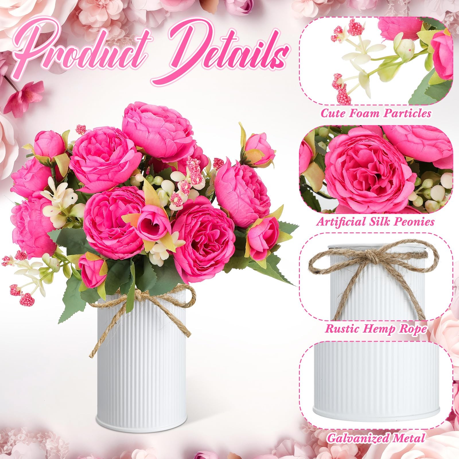 Artificial Peonies Flower Bouquet With Metal Pot Faux Floral Rose Red 3 Sets