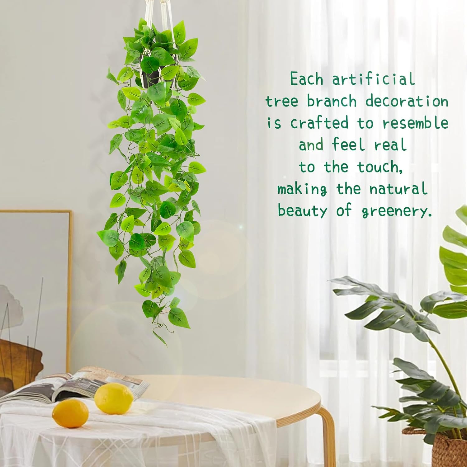 Fake Pothos in Rope – Hanging Pot, Artificial Pothos Plants for Home Decor