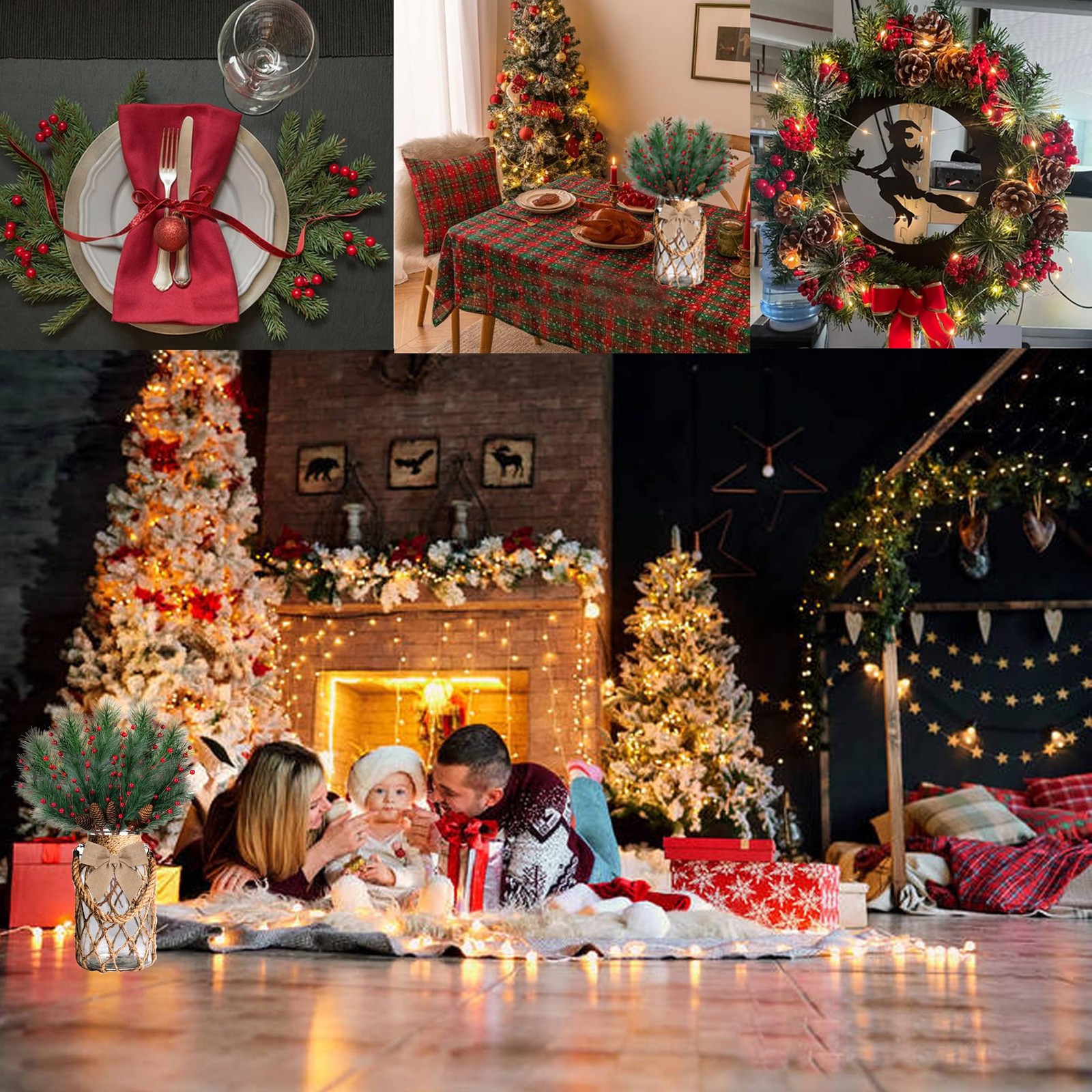 5 Pcs Artificial Christmas Berries Pine Picks Berry Pine Branches with Bow fo…