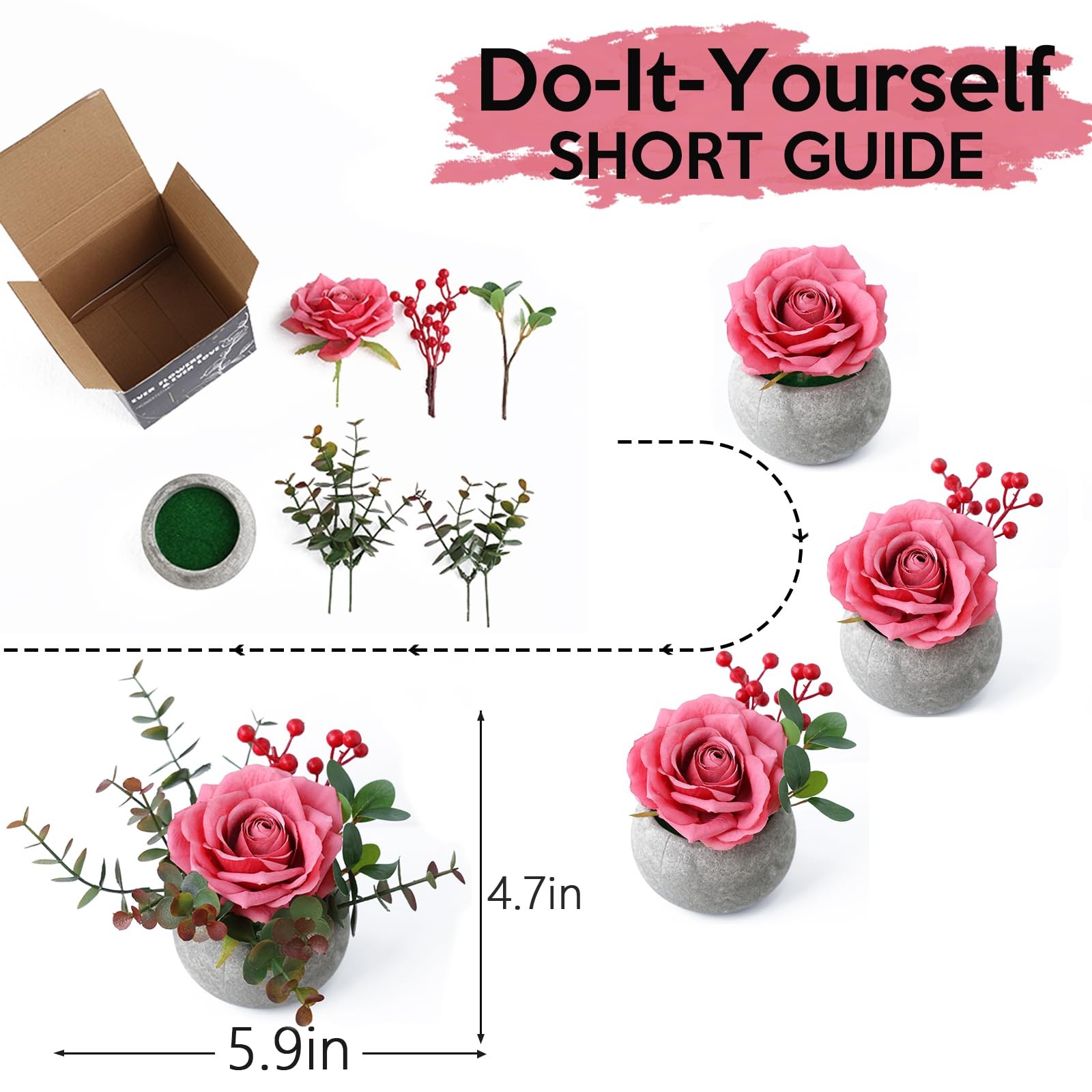 Pink DIY Small Artificial Flowers Potted Kit Realistic Silk Rose Vase Desk