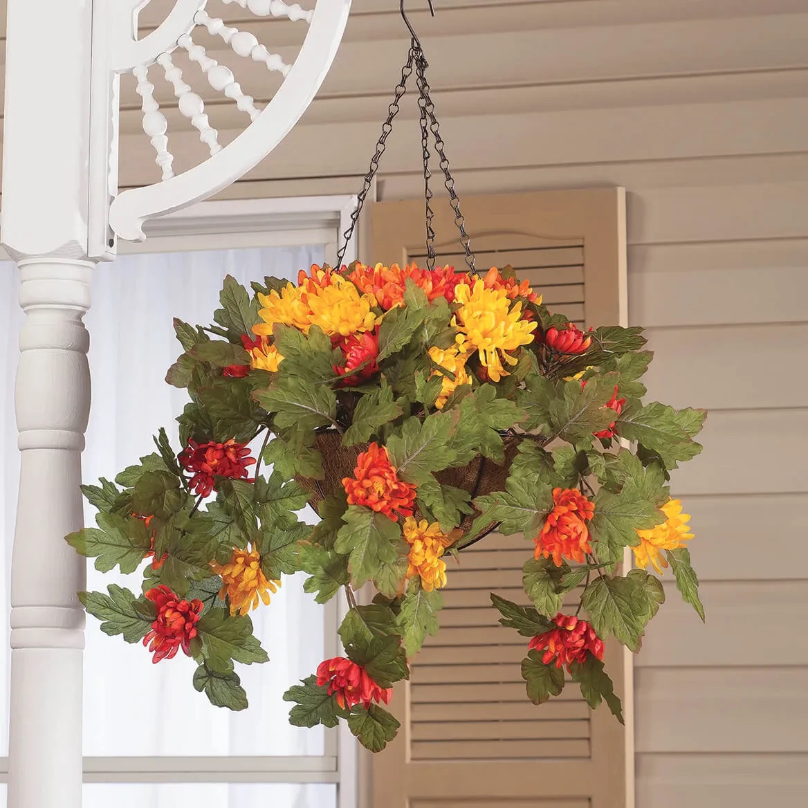 Large Artificial Multicolor Mum Hanging Basket Indoor Outdoor Patio Garden Decor