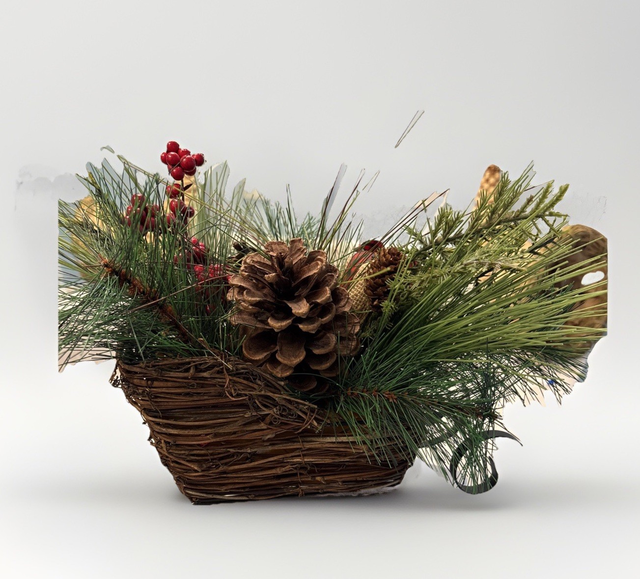 Holiday Sleigh Metal & Wood Mixed Floral Piece Pines Cones Berries Bow Preowned