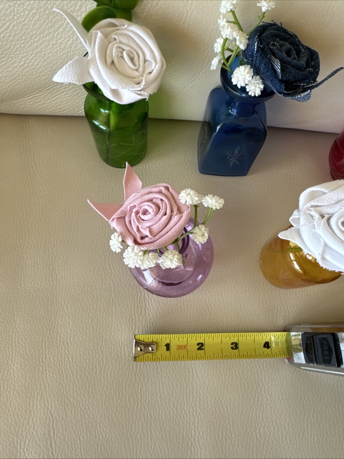 Five Small Upcycled 3 1/2” Vases With Coordinating Colors Handmade Denim Roses