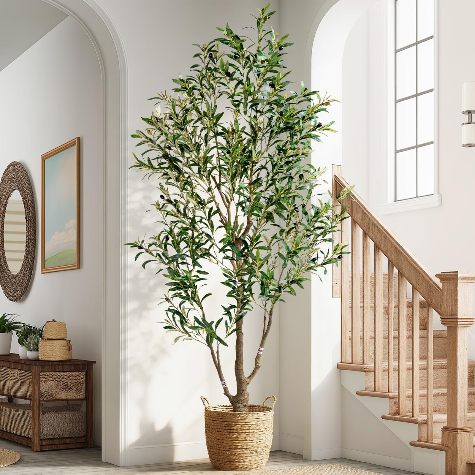 6ft Faux Olive Tree with White Pot & Moss, Artificial Olive Tree Indoor Outdo…