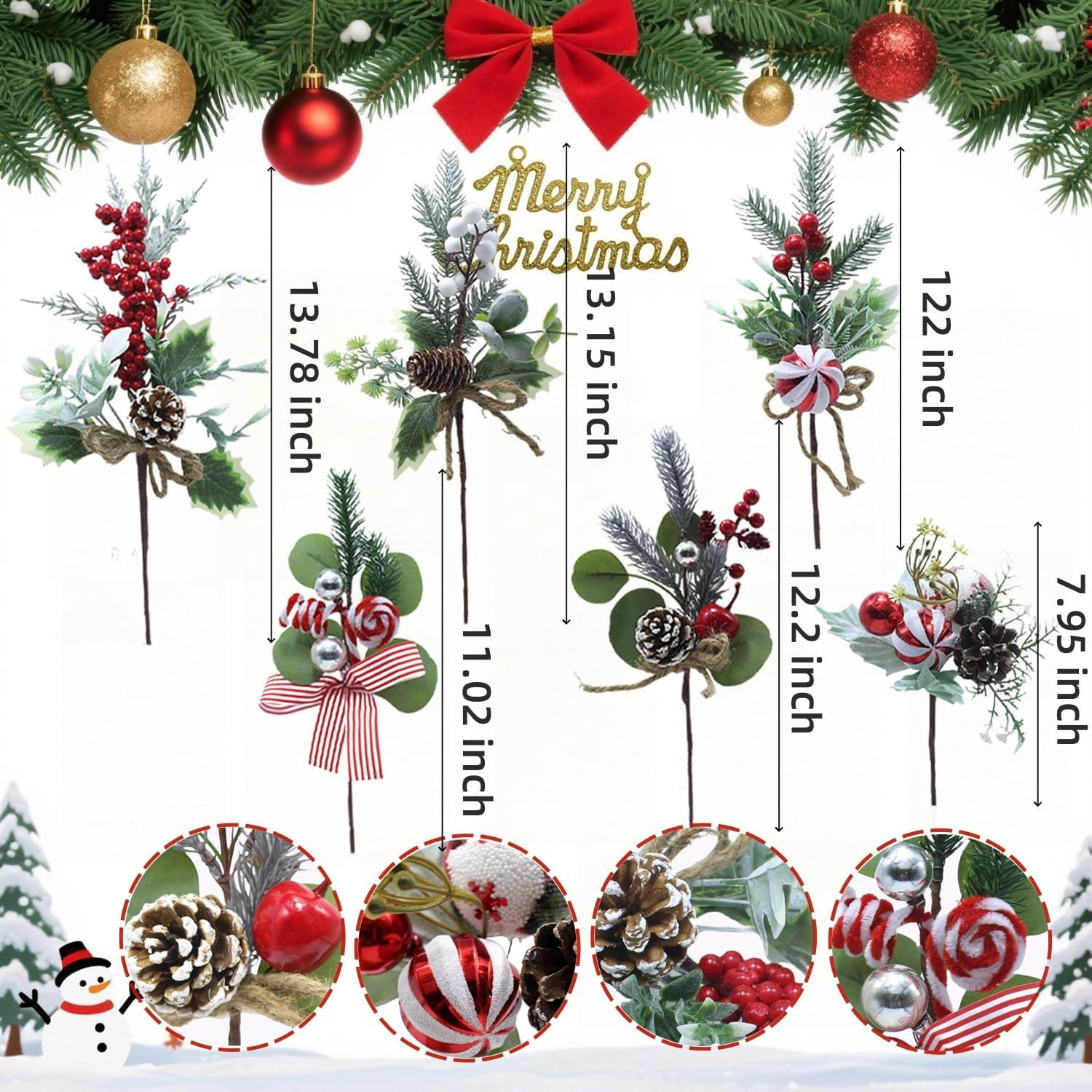 Christmas Floral Picks and Sprays, 6Pcs Artificial Christmas Flowers with Holly