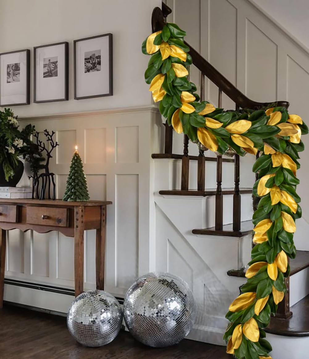 5 Feet Artificial Christmas Garland Fake Gold and Green Magnolia Leave Garlan…