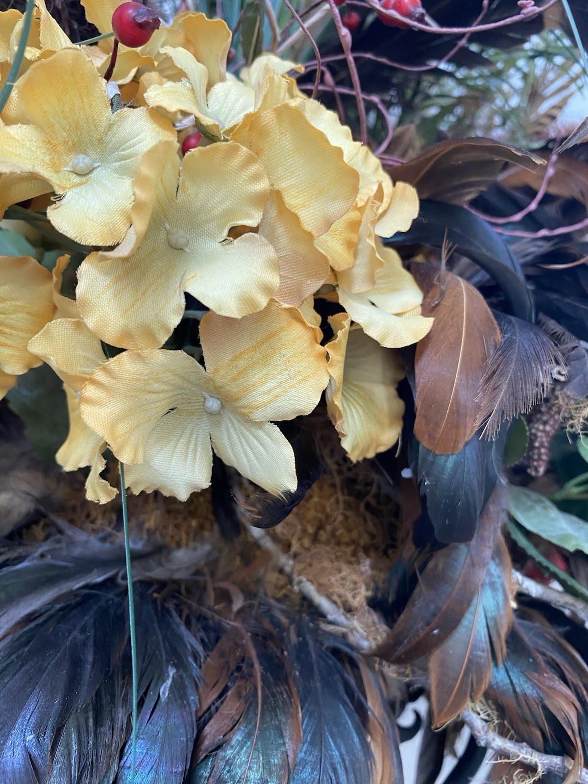 XL Custom Designer Muted Floral Arrangement W Pheasant Feathers, Silk & Dried