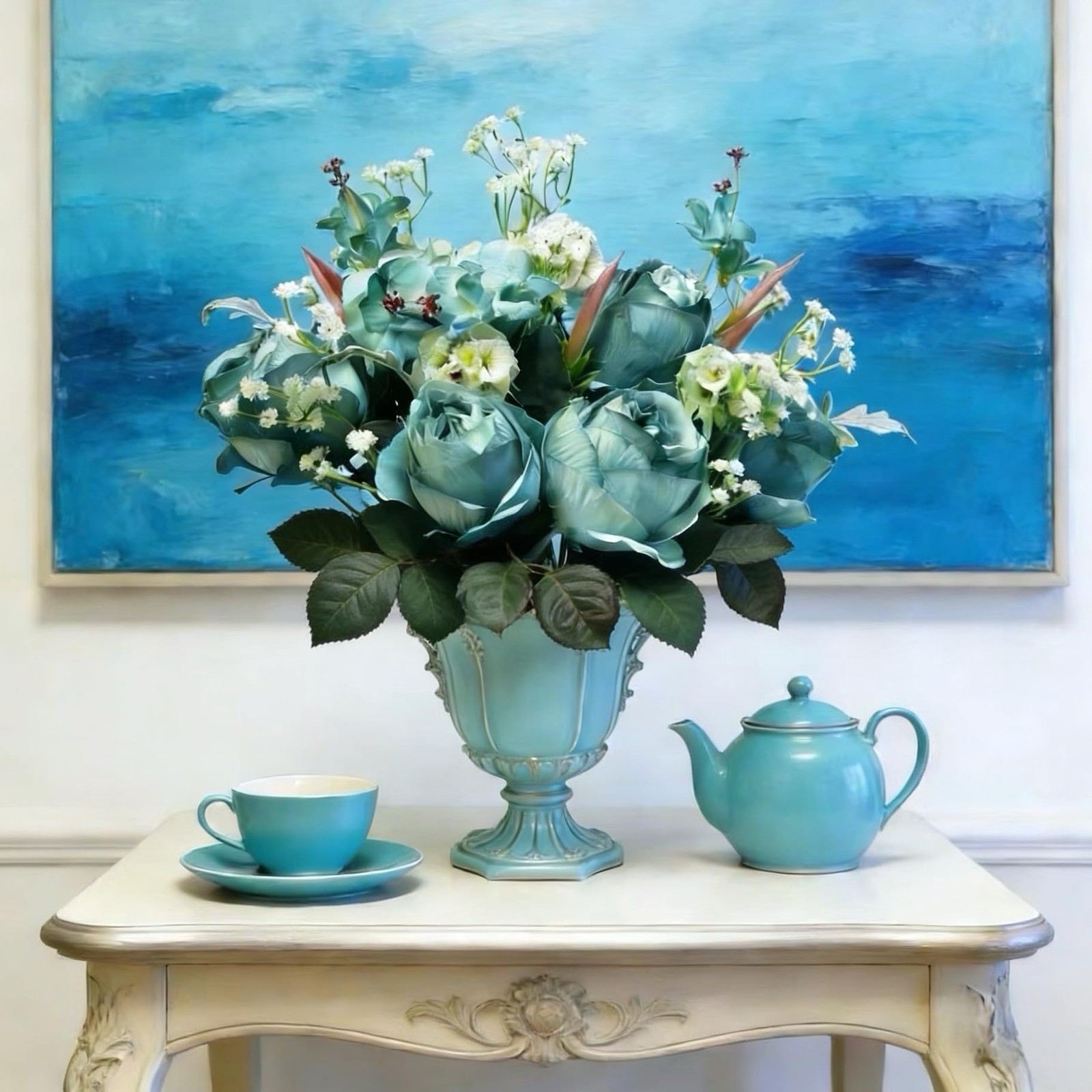 Turquoise Teal Blue Artificial Silk Rose Bouquet White Baby Breath Mixed