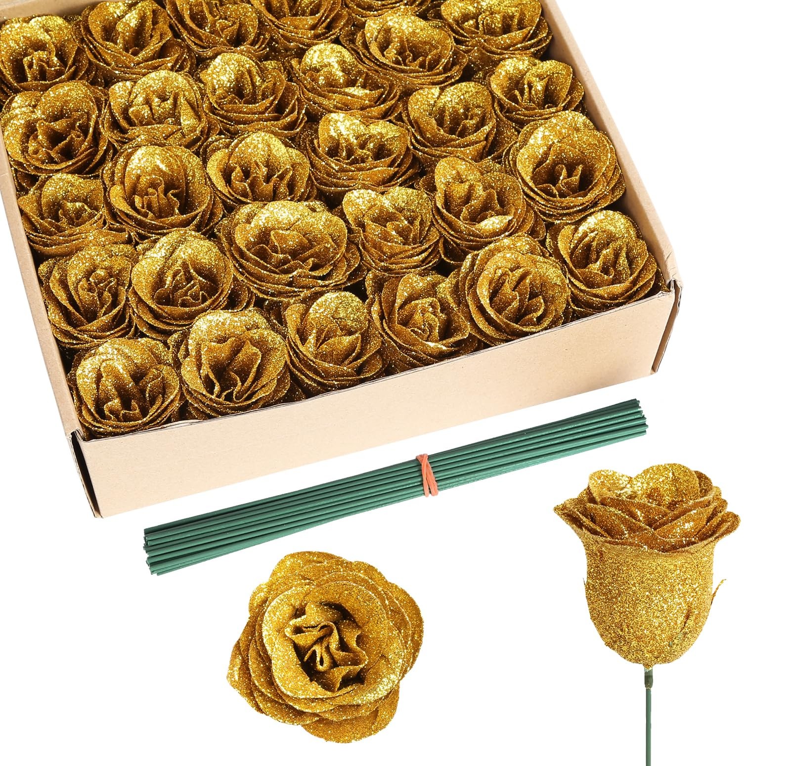 Rzoukler Gold Roses,30PCS Glitter Roses Bouquet Artificial Roses with Stems f…