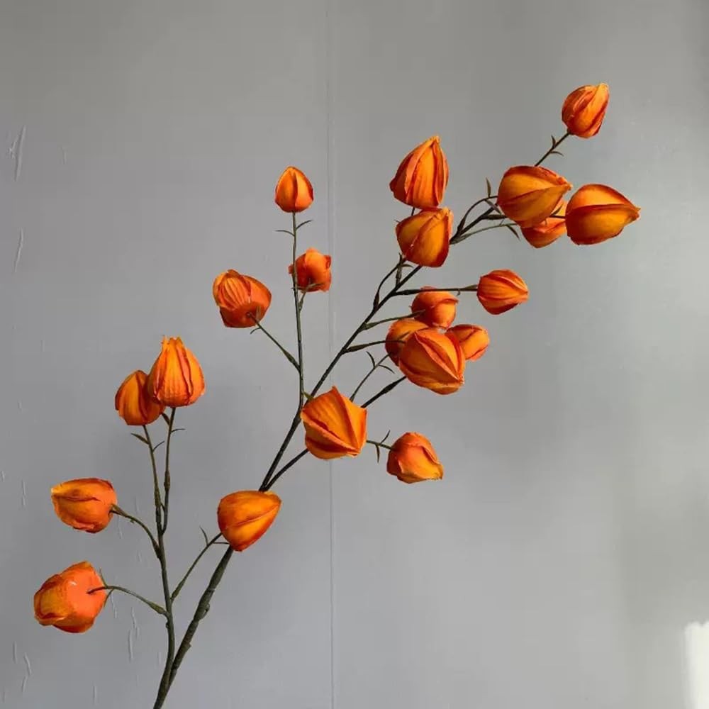 3Pcs Artificial Chinese Lantern Stems 38In Long Realistic Orange Red Silk Fau…
