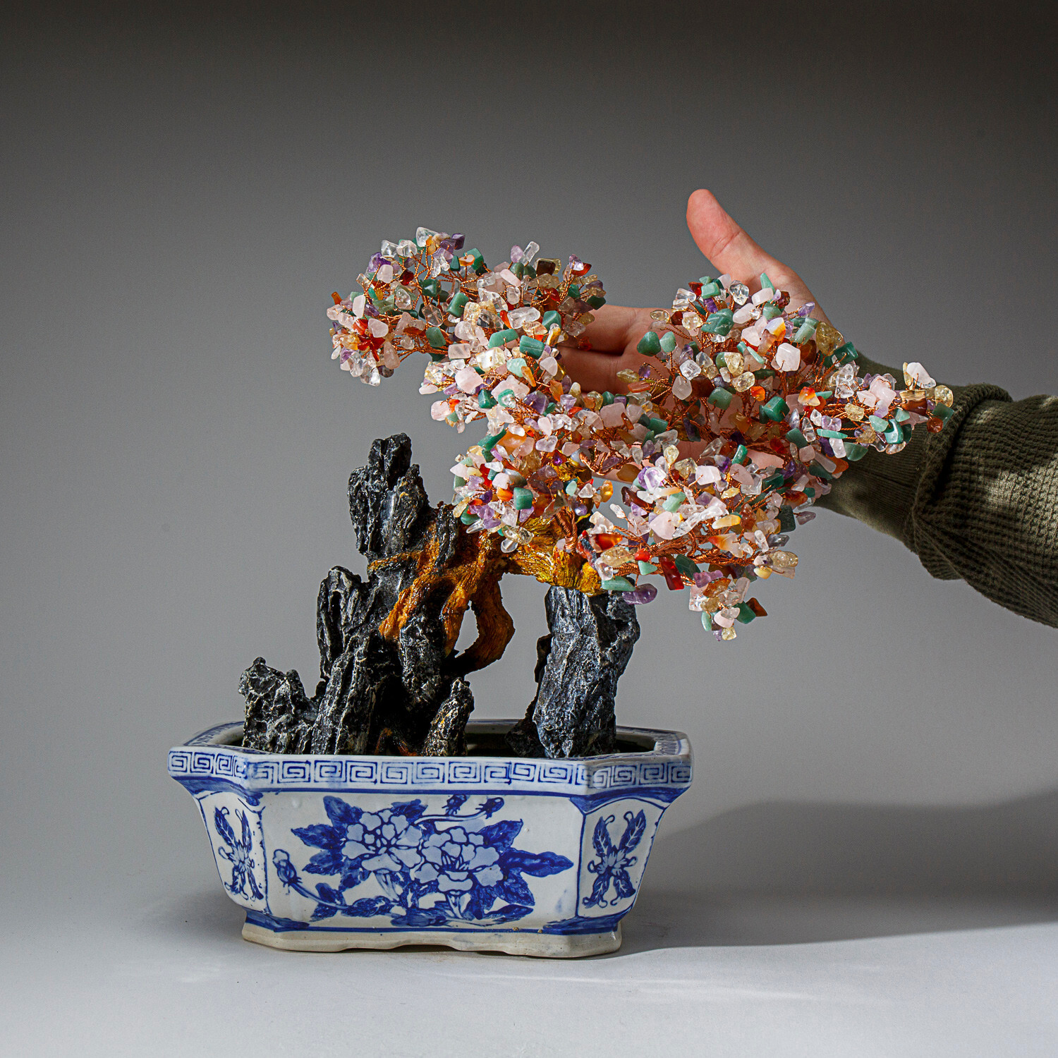 Genuine Multi Gemstone Bonsai Tree in Oval Ceramic Pot (13”)