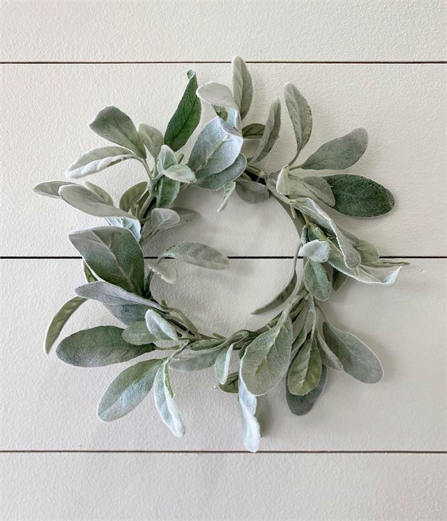 New Cottage Chic Farmhouse SAGE GREEN LAMBS EAR Candle Ring Wreath 4″ Inside