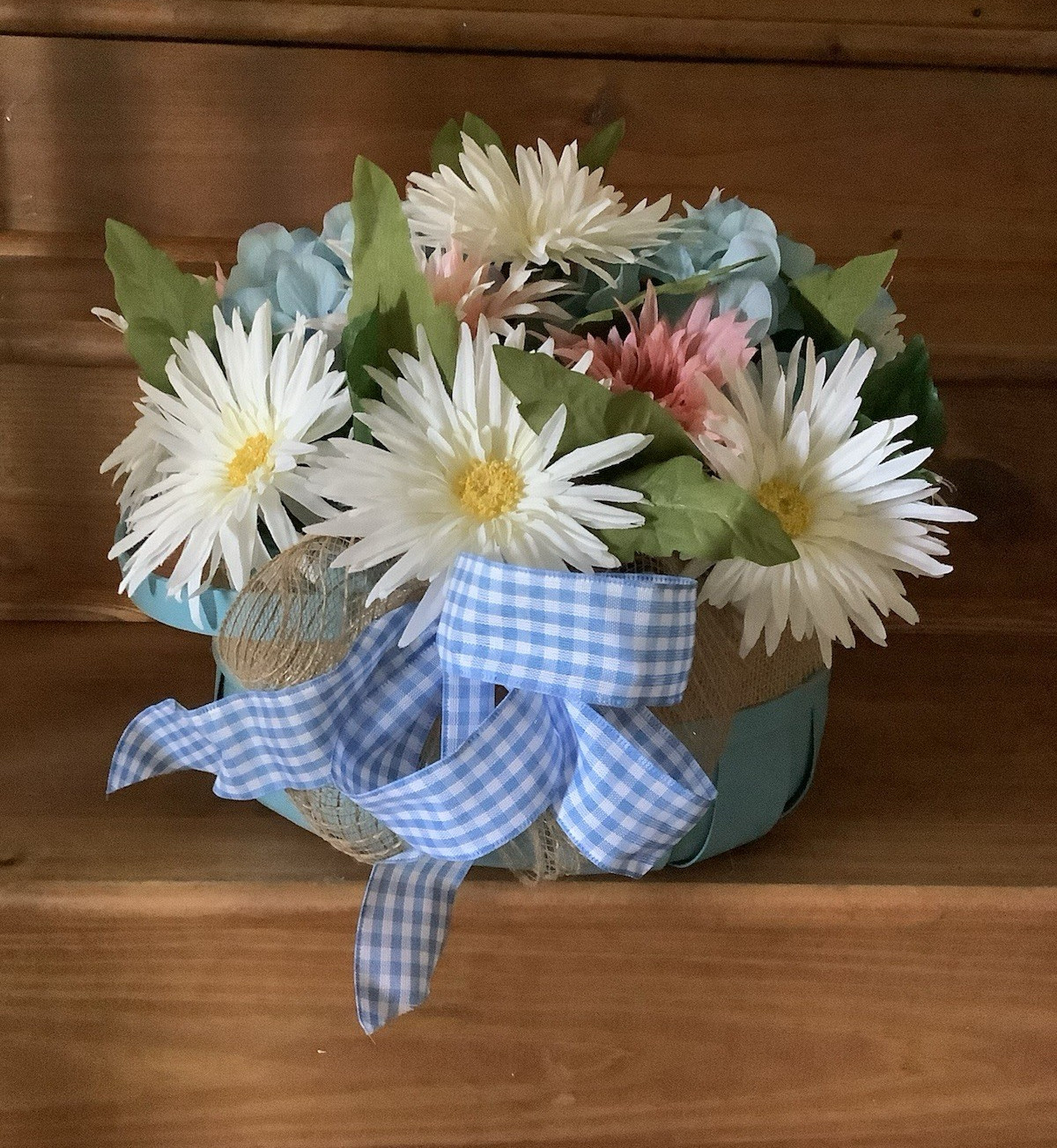 Artificial Daisy & Hydrangea Arrangement in Blue Basket, Floral