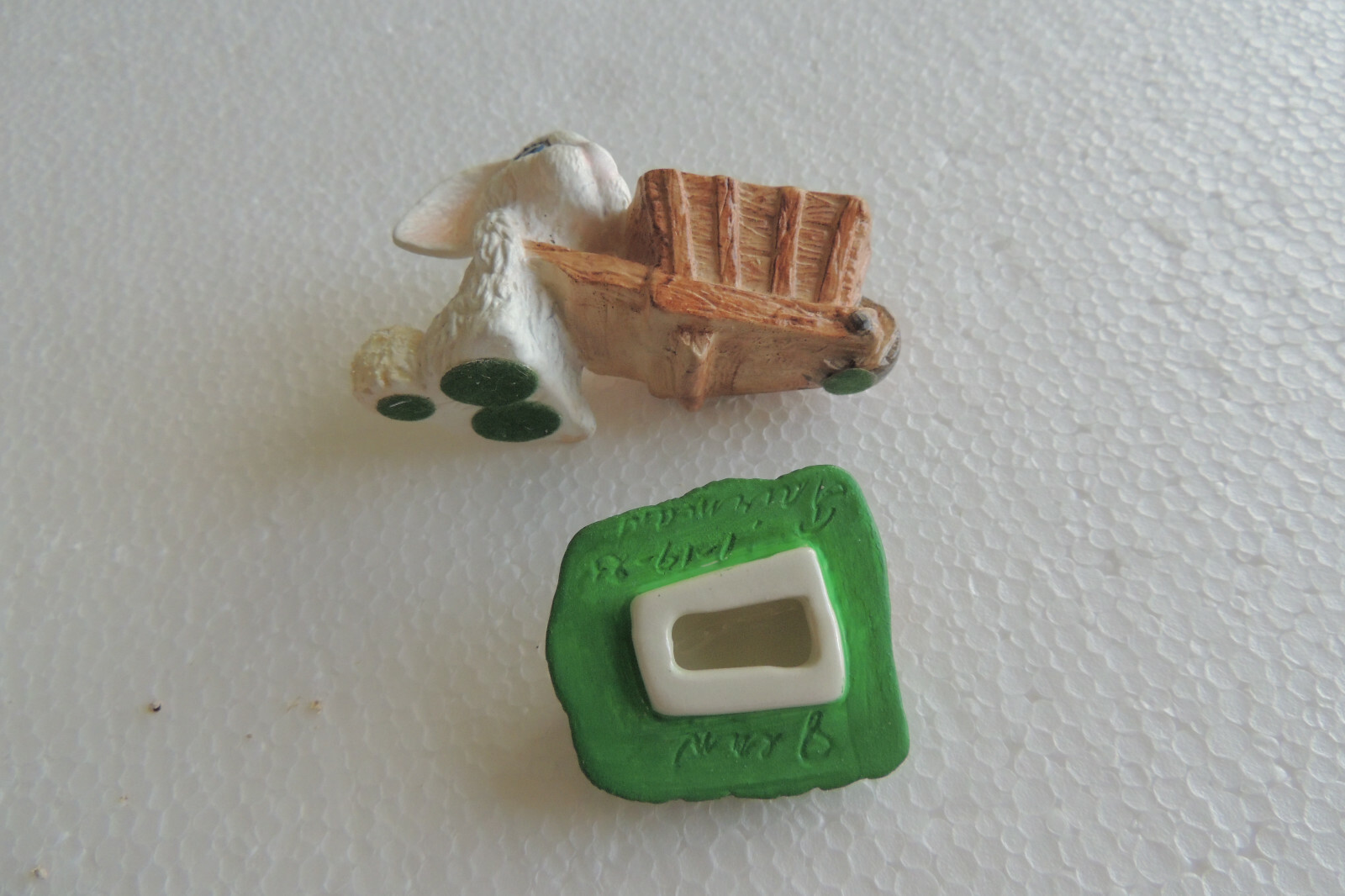 Ceramic Bunny w/Wagon Full Easter Eggs, handmade 4 inch long in ceramic class