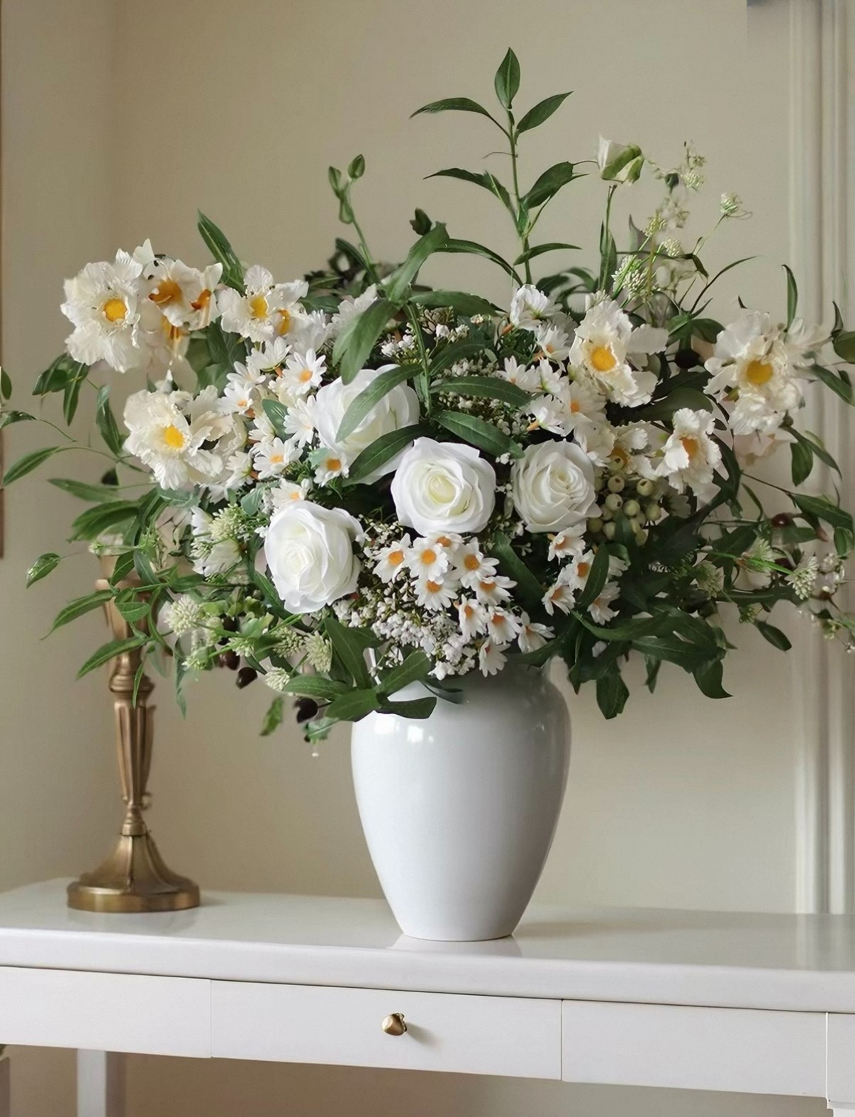 Luxury White Daisy Rose Floral Arrangement Faux Flower Centerpiece Decor