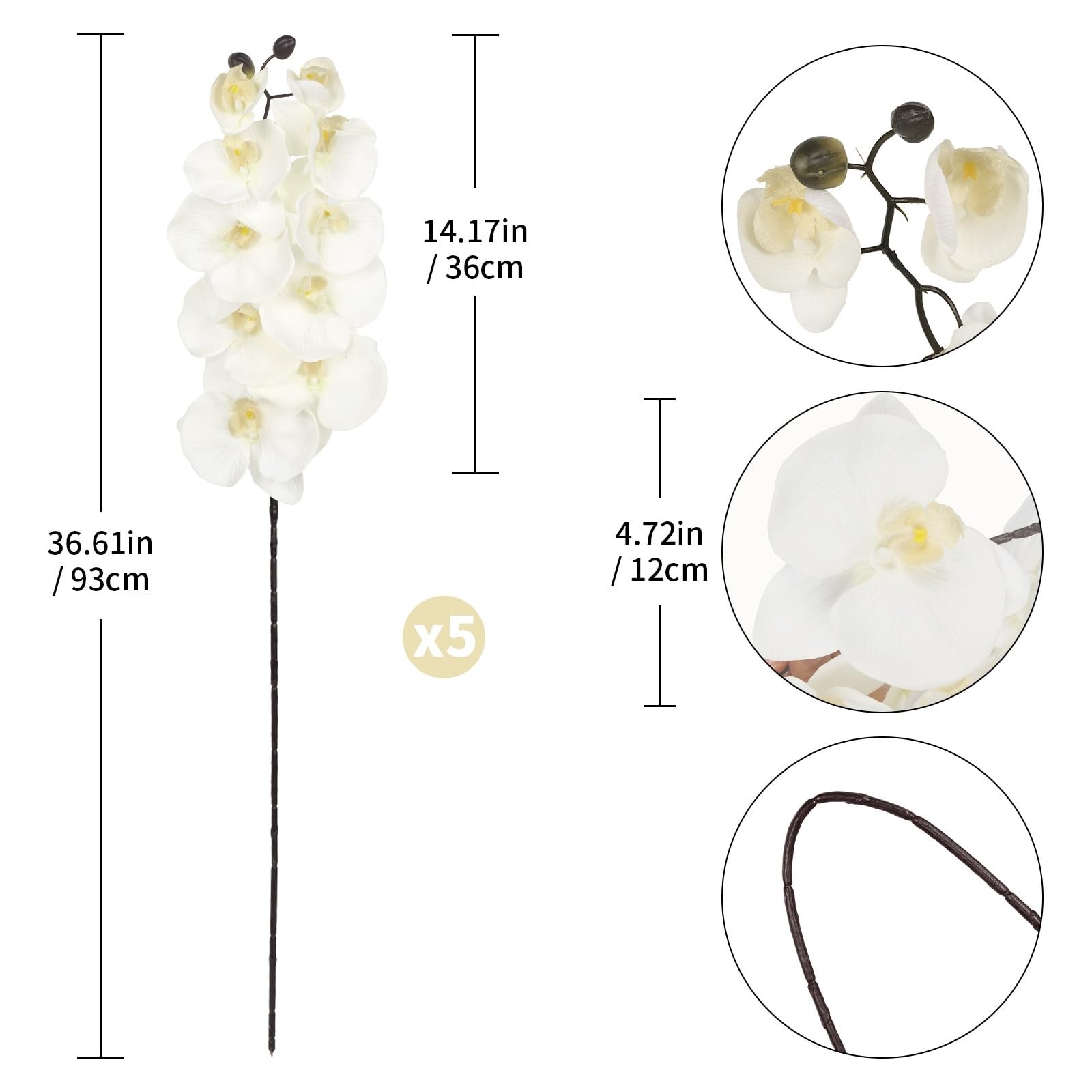 36” White Orchids Artificial Flowers 10 Large Blooms Faux Phalaenopsis Branc…