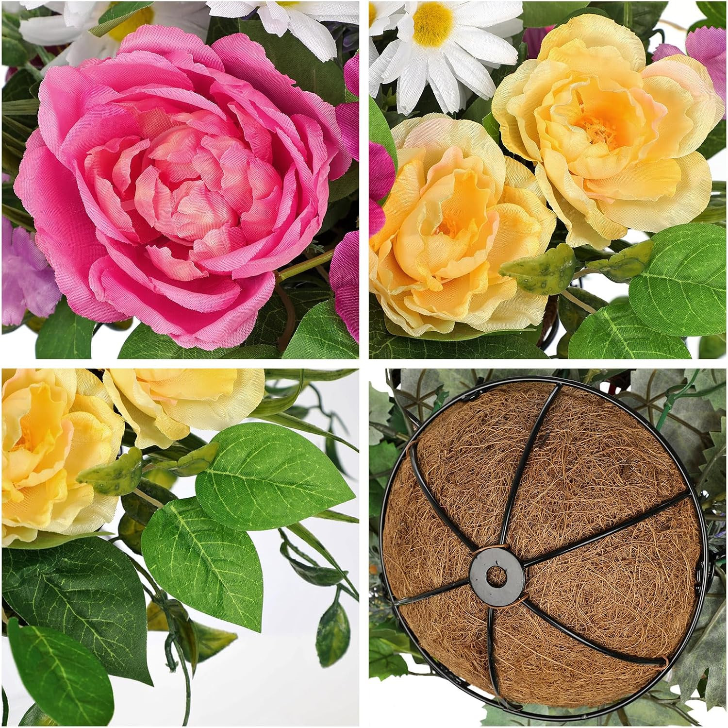 Faux Silk Flower Basket with Roses & Daisies for Outdoor Spring Decor