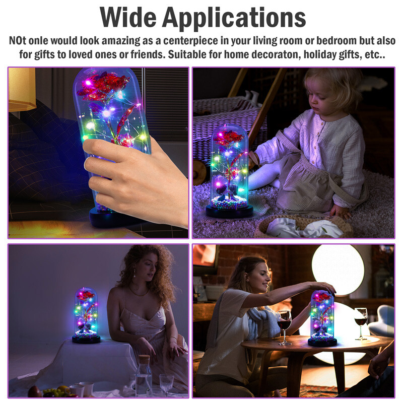 Rose in Glass Dome Preserved Flower Decortions Dome w/ LED Lights Gifts for Her