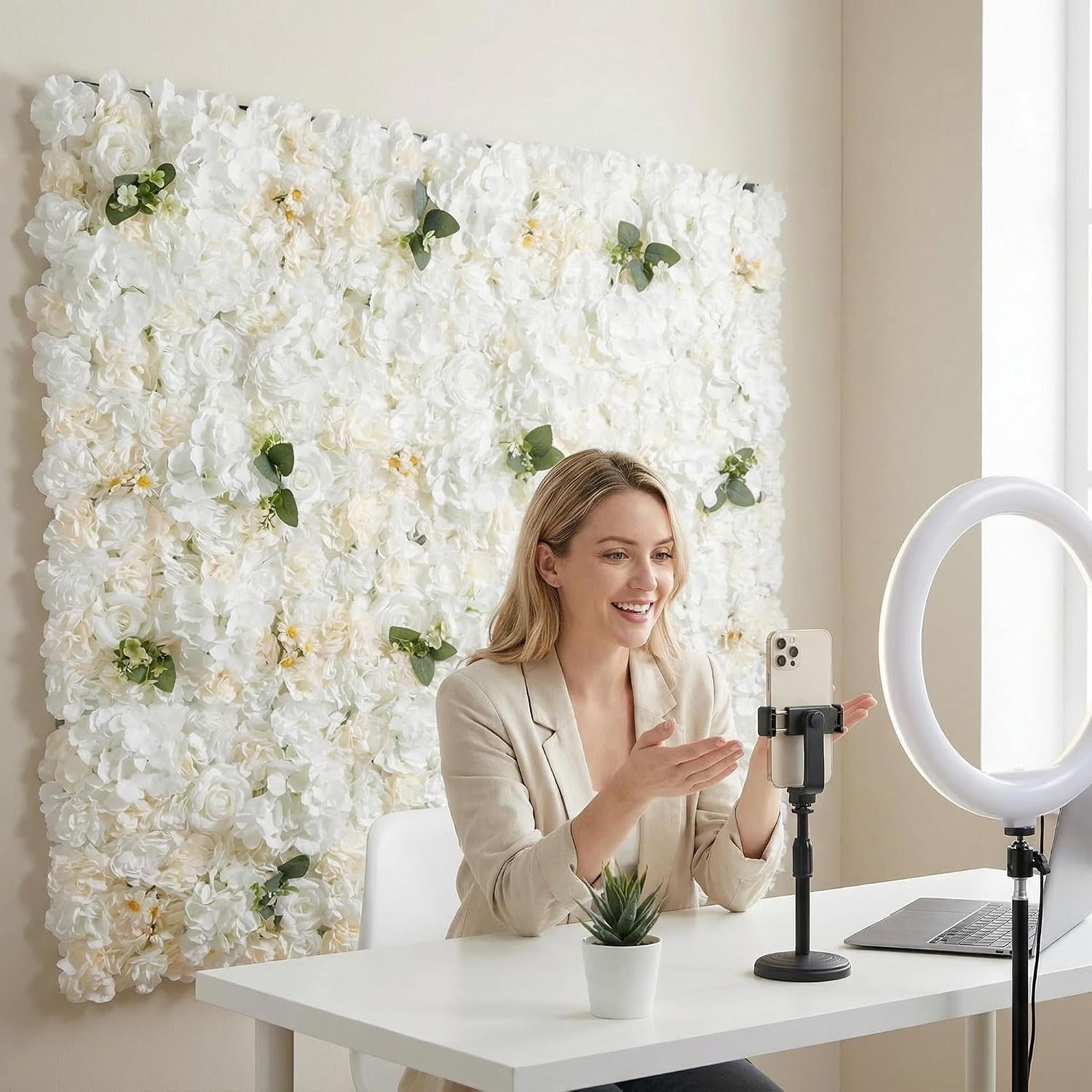 3D Flower Wall Backdrop – 6Pcs 16×24 Inch Artificial Rose Panels White Silk Flor
