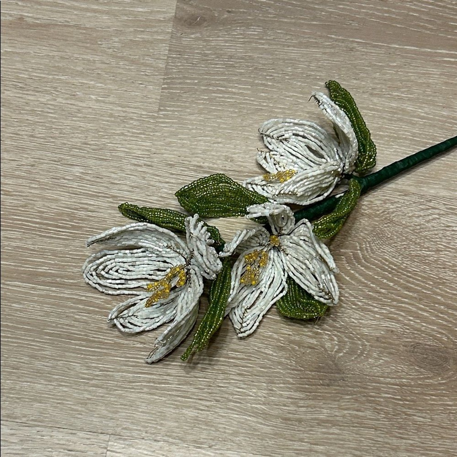 Handcrafted French White Glass Beaded Flower Stem Vintage Inspired Decorative